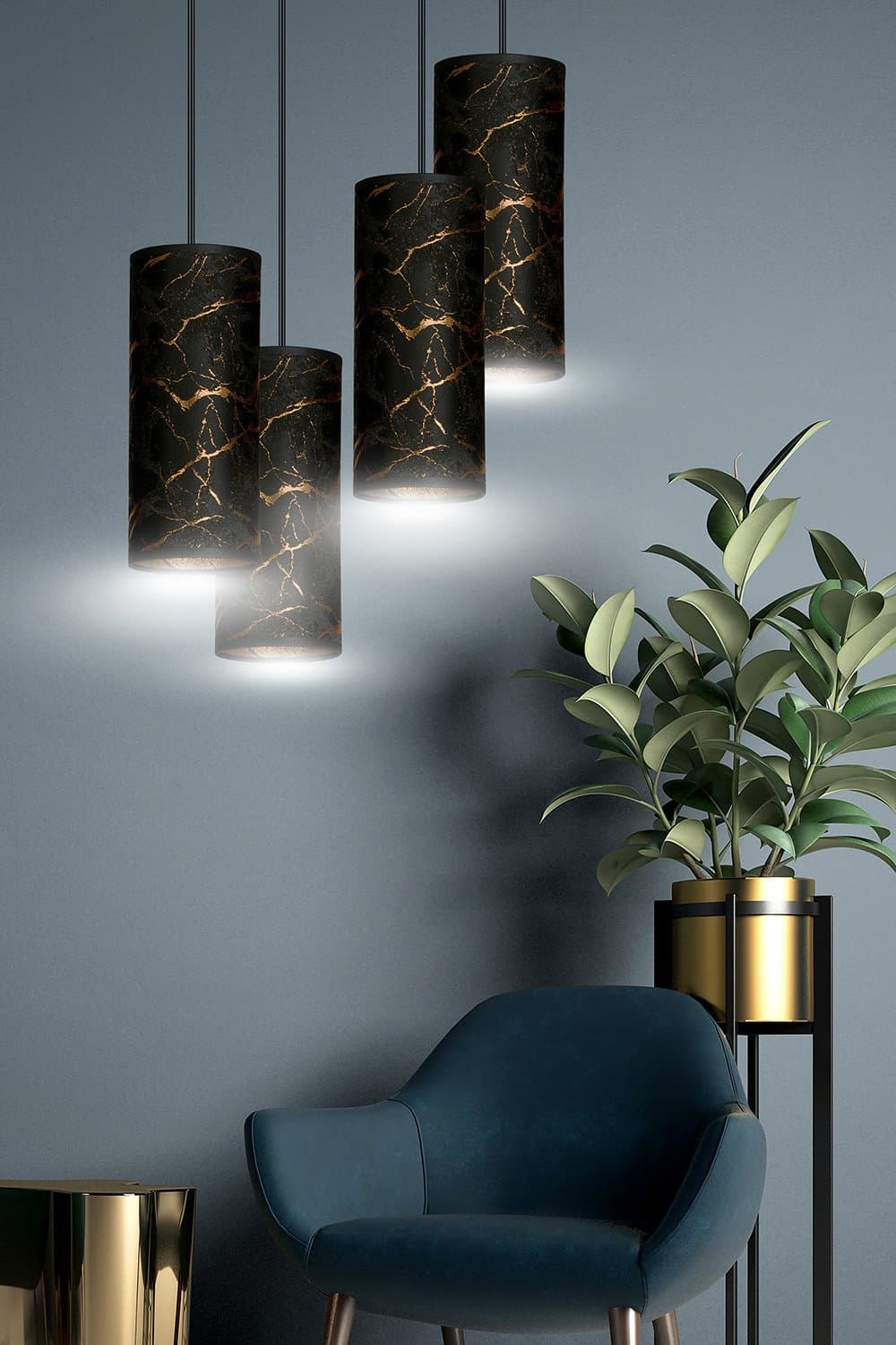 Sospensione Tonda 4 Luci Karli In Acciaio Nero E Paralumi Effetto Marmo Dorato in Lampade a sospensione LuceArt - Montecorvino Pugliano, commercioVirtuoso.it