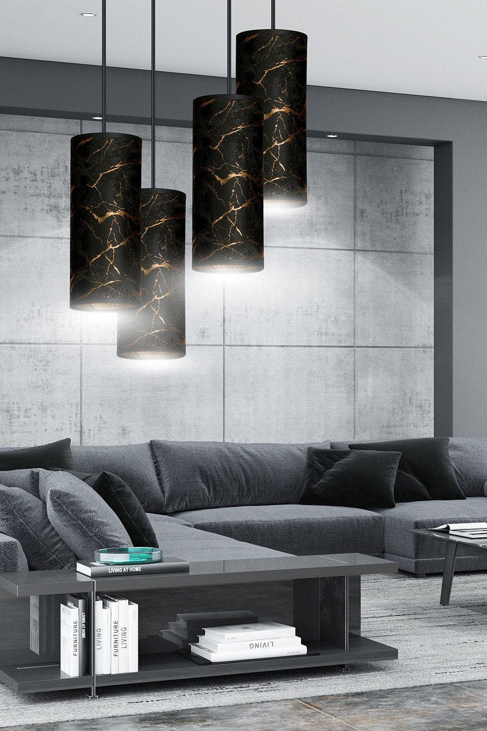 Sospensione Tonda 4 Luci Karli In Acciaio Nero E Paralumi Effetto Marmo Dorato in Lampade a sospensione LuceArt - Montecorvino Pugliano, commercioVirtuoso.it
