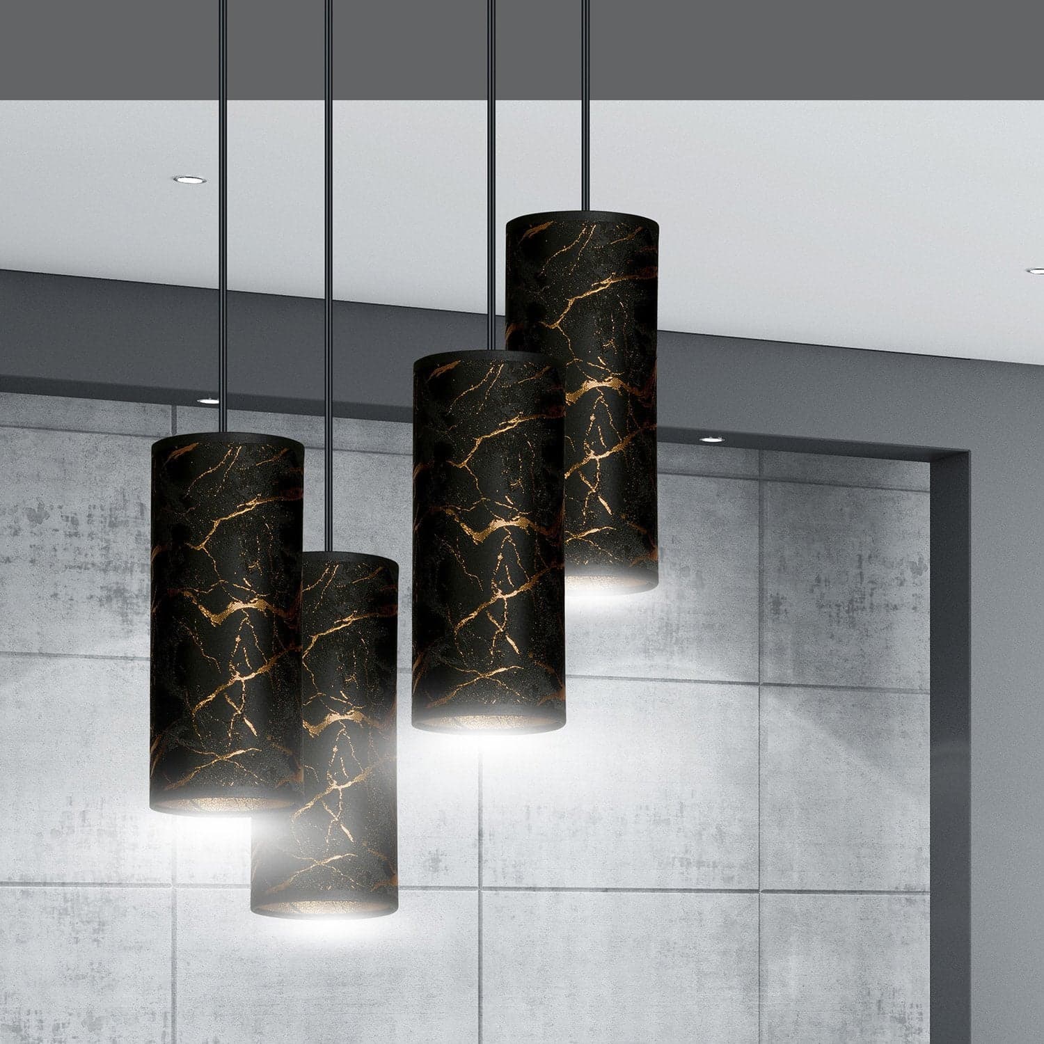 Sospensione Tonda 4 Luci Karli In Acciaio Nero E Paralumi Effetto Marmo Dorato in Lampade a sospensione LuceArt - Montecorvino Pugliano, commercioVirtuoso.it