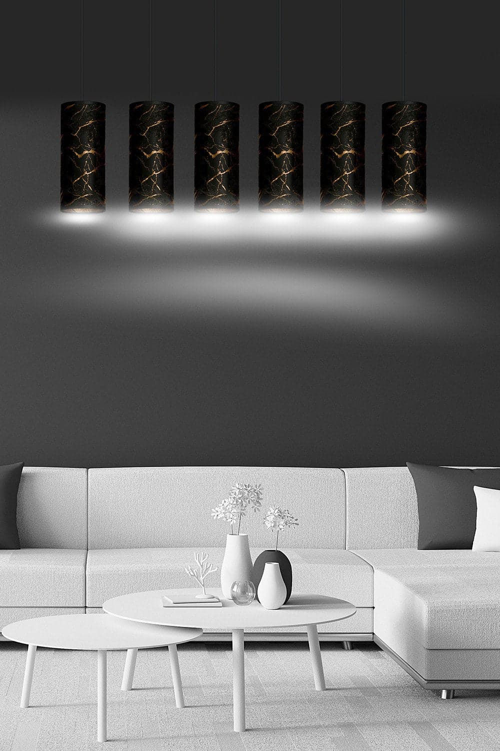 Sospensione 6 Luci Karli In Acciaio Nero E Paralumi Effetto Marmo Dorato in Lampade a sospensione LuceArt - Montecorvino Pugliano, commercioVirtuoso.it