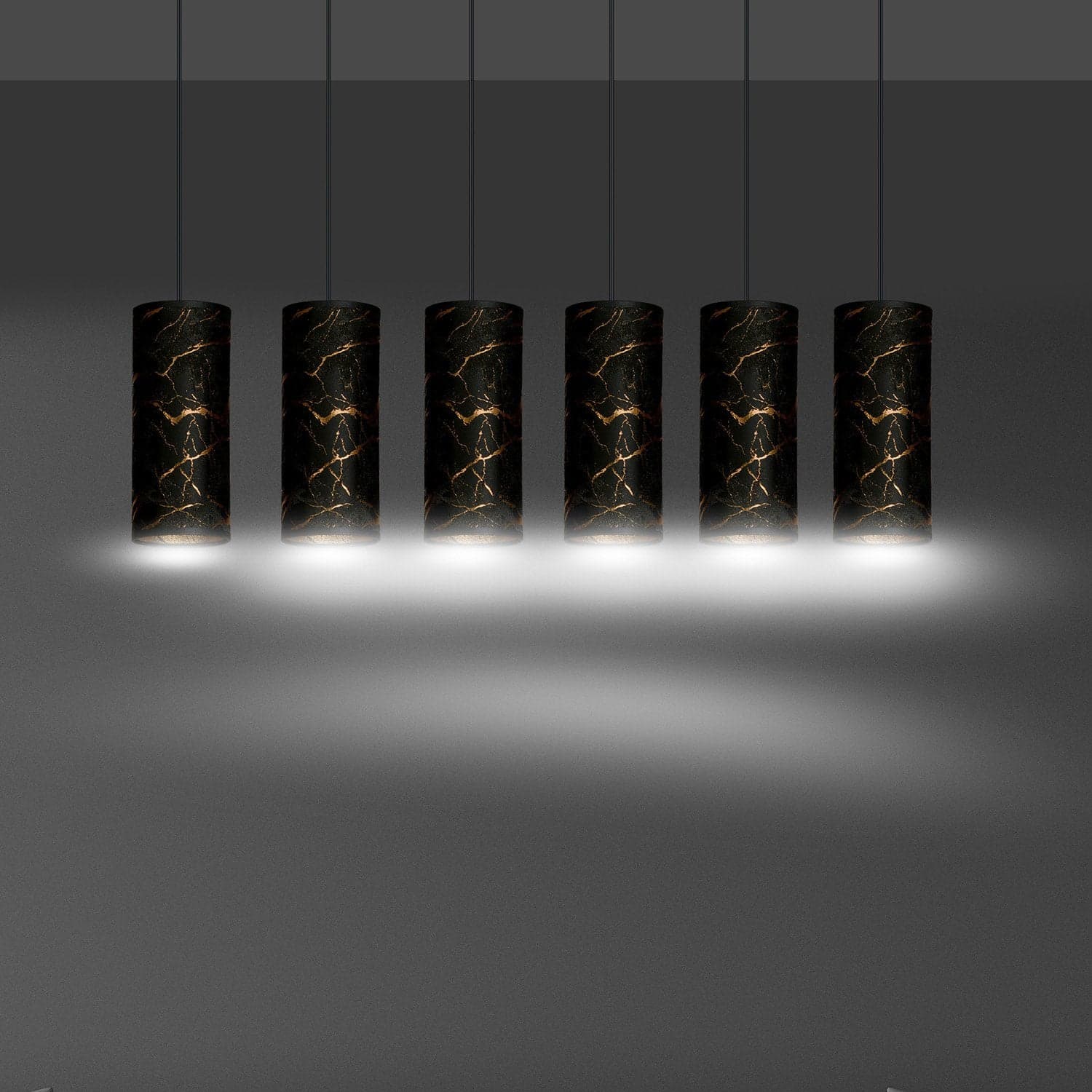 Sospensione 6 Luci Karli In Acciaio Nero E Paralumi Effetto Marmo Dorato in Lampade a sospensione LuceArt - Montecorvino Pugliano, commercioVirtuoso.it