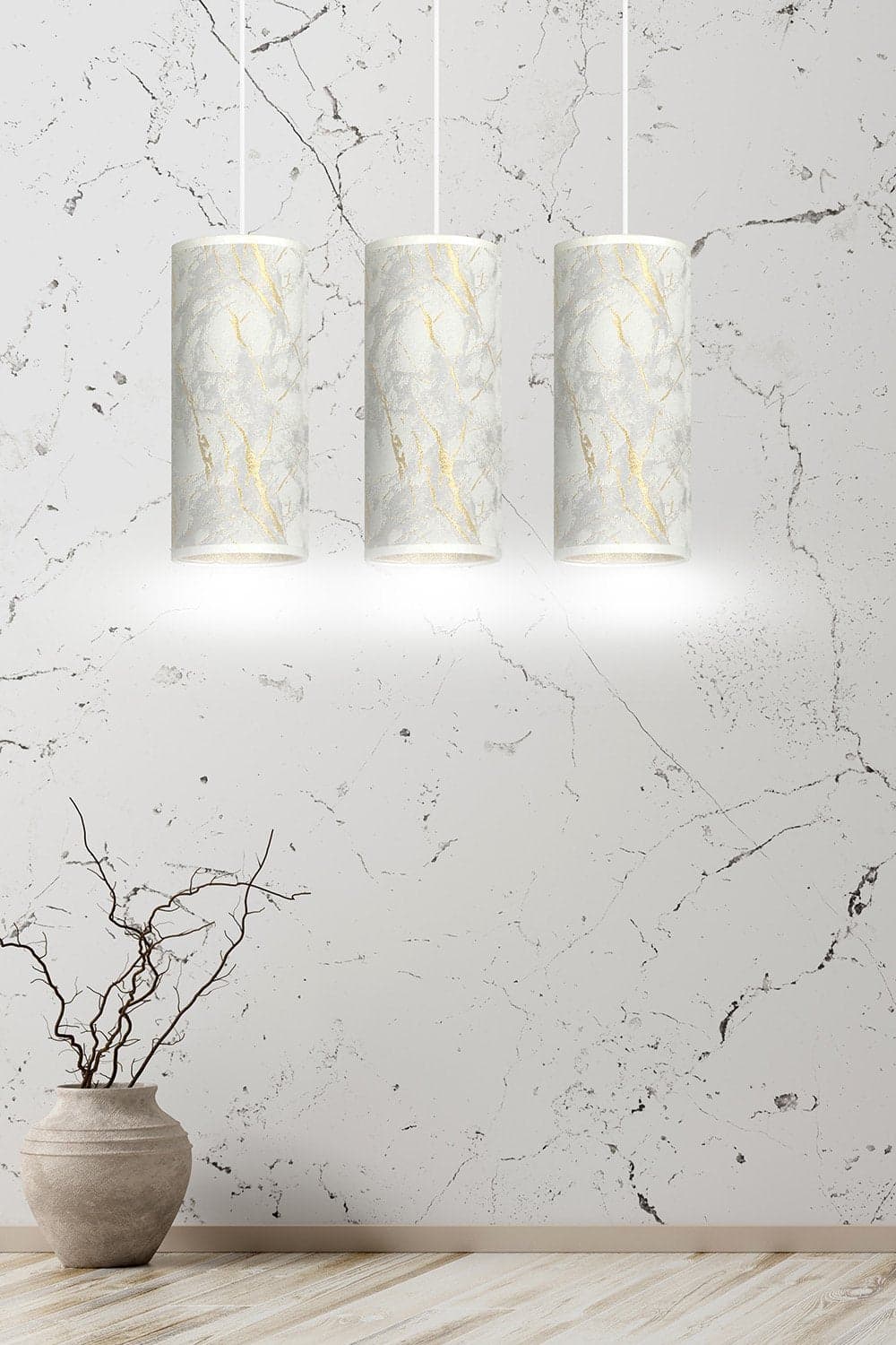 Sospensione 3 Luci Karli In Acciaio Bianco E Paralumi Effetto Marmo Dorato in Lampade a sospensione LuceArt - Montecorvino Pugliano, commercioVirtuoso.it
