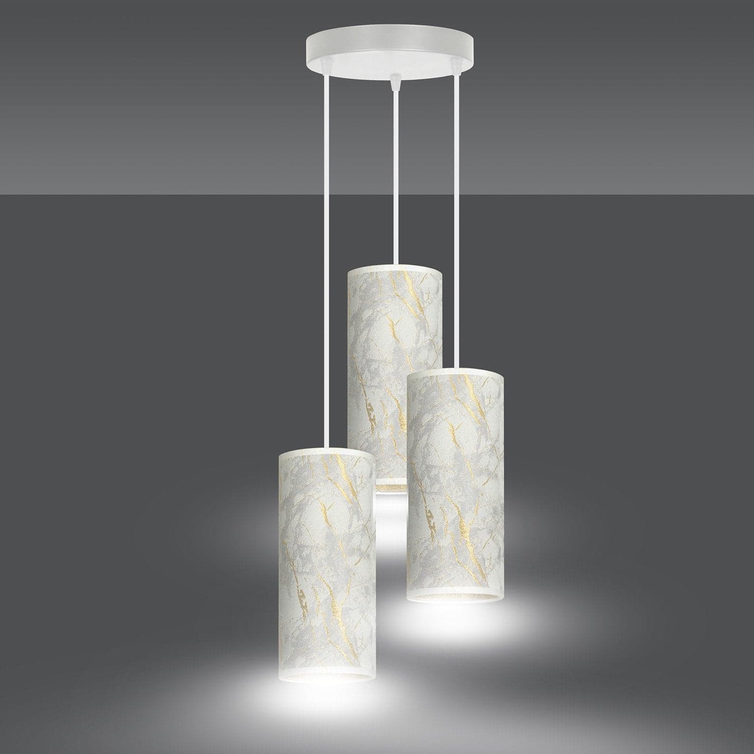 Sospensione Tonda 3 Luci Karli In Acciaio Bianco E Paralumi Effetto Marmo Dorato in Lampade a sospensione LuceArt - Montecorvino Pugliano, commercioVirtuoso.it