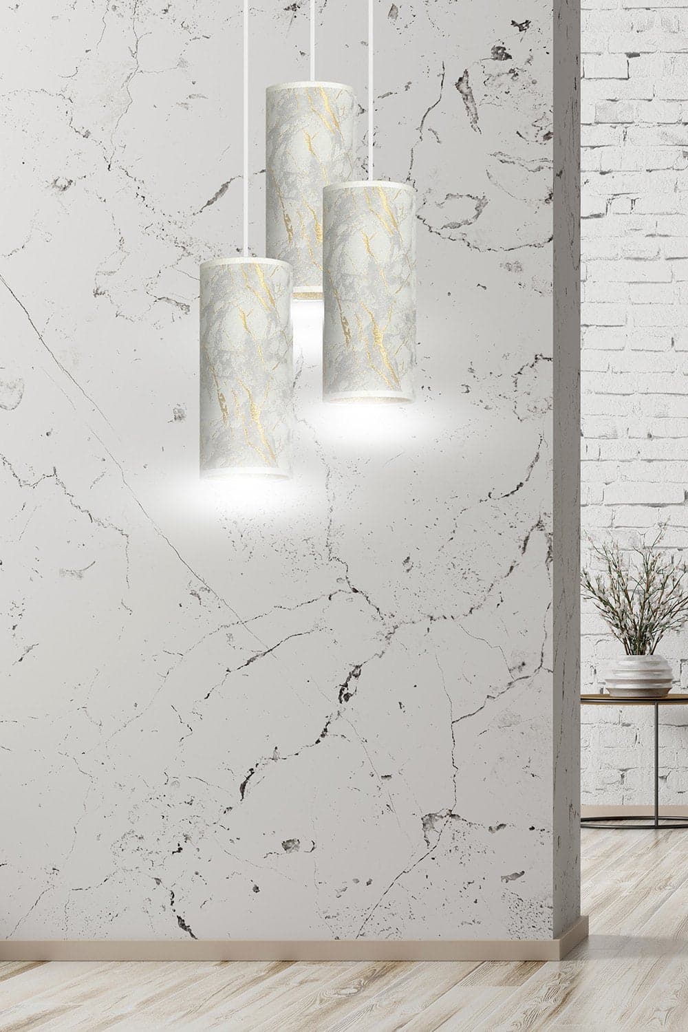 Sospensione Tonda 3 Luci Karli In Acciaio Bianco E Paralumi Effetto Marmo Dorato in Lampade a sospensione LuceArt - Montecorvino Pugliano, commercioVirtuoso.it