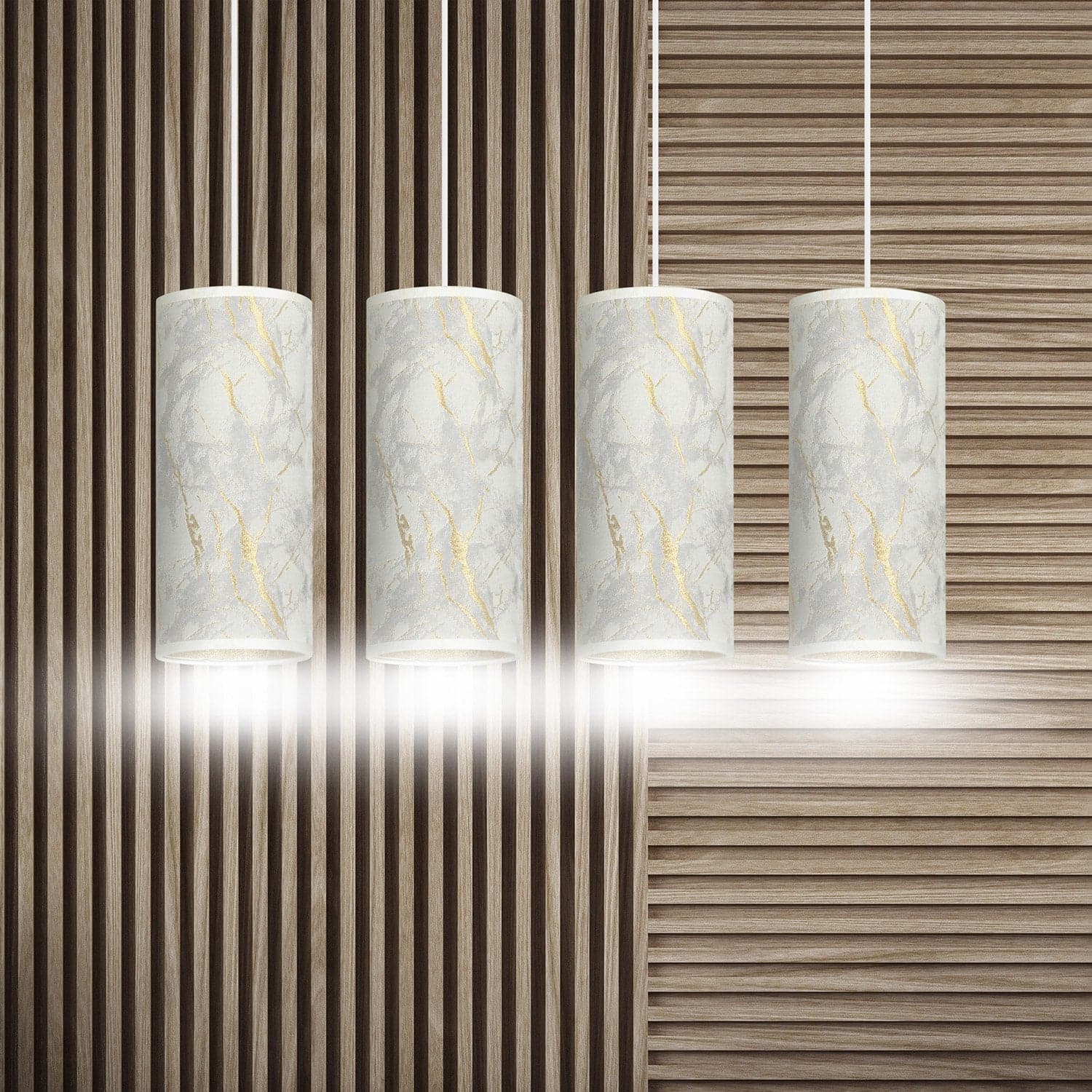 Sospensione 4 Luci Karli In Acciaio Bianco E Paralumi Effetto Marmo Dorato in Lampade a sospensione LuceArt - Montecorvino Pugliano, commercioVirtuoso.it