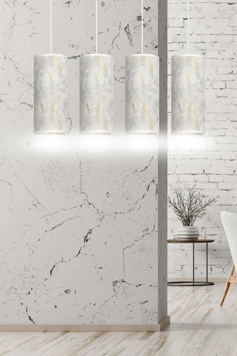 Sospensione 4 Luci Karli In Acciaio Bianco E Paralumi Effetto Marmo Dorato in Lampade a sospensione LuceArt - Montecorvino Pugliano, commercioVirtuoso.it