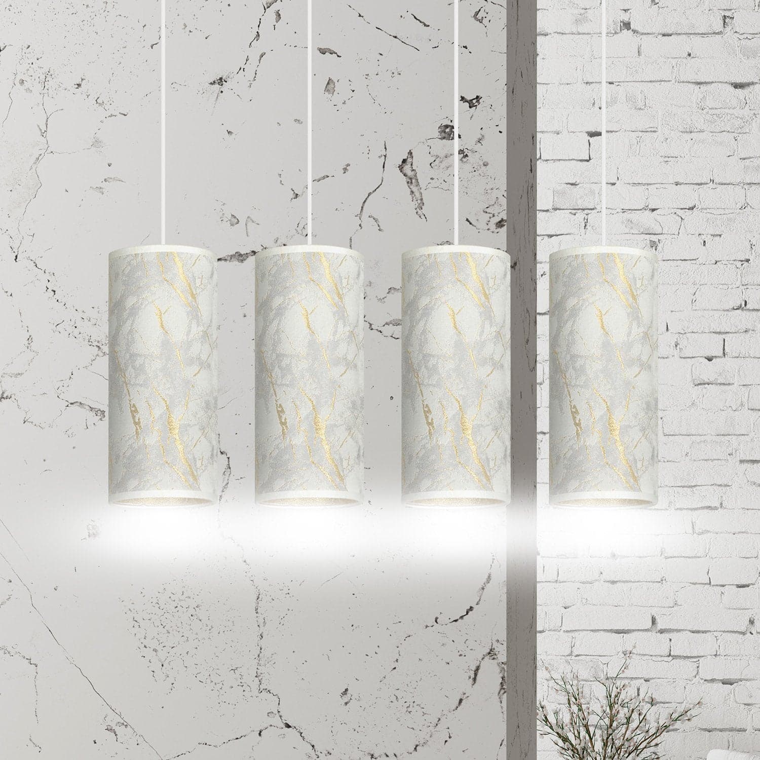Sospensione 4 Luci Karli In Acciaio Bianco E Paralumi Effetto Marmo Dorato in Lampade a sospensione LuceArt - Montecorvino Pugliano, commercioVirtuoso.it