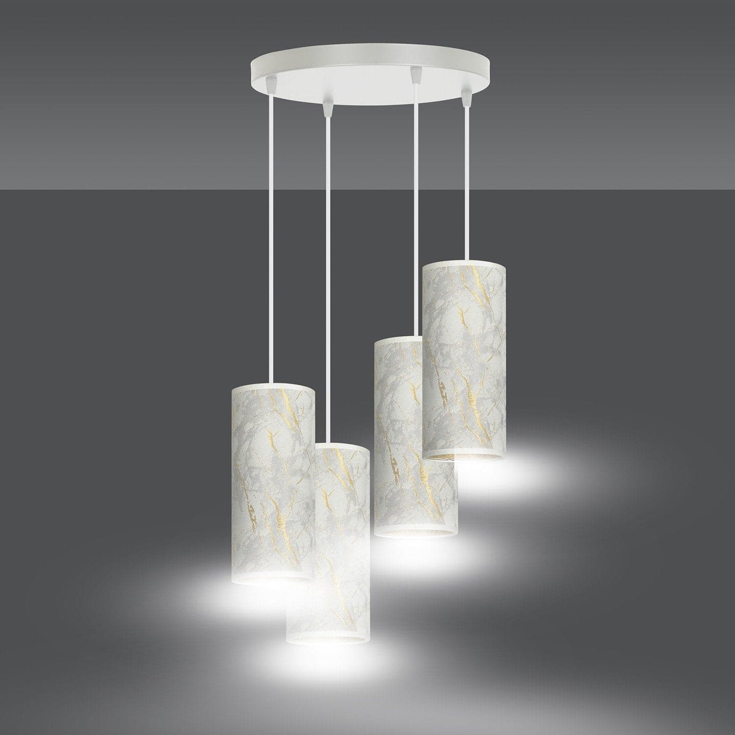 Sospensione Tonda 4 Luci Karli In Acciaio Bianco E Paralumi Effetto Marmo Dorato in Lampade a sospensione LuceArt - Montecorvino Pugliano, commercioVirtuoso.it