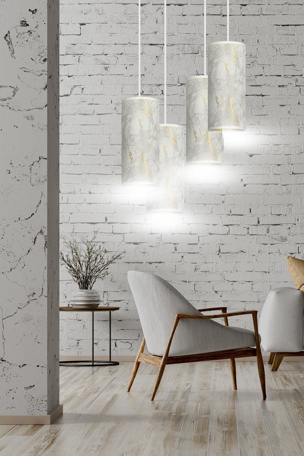 Sospensione Tonda 4 Luci Karli In Acciaio Bianco E Paralumi Effetto Marmo Dorato in Lampade a sospensione LuceArt - Montecorvino Pugliano, commercioVirtuoso.it