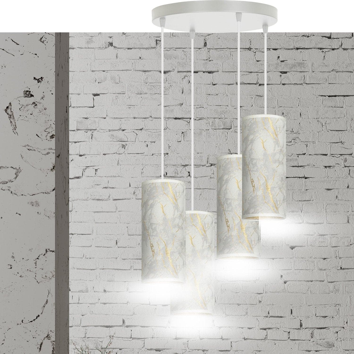 Sospensione Tonda 4 Luci Karli In Acciaio Bianco E Paralumi Effetto Marmo Dorato in Lampade a sospensione LuceArt - Montecorvino Pugliano, commercioVirtuoso.it