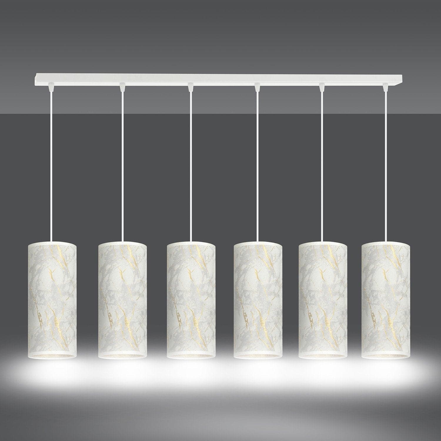 Sospensione 6 Luci Karli In Acciaio Bianco E Paralumi Effetto Marmo Dorato in Lampade a sospensione LuceArt - Montecorvino Pugliano, commercioVirtuoso.it