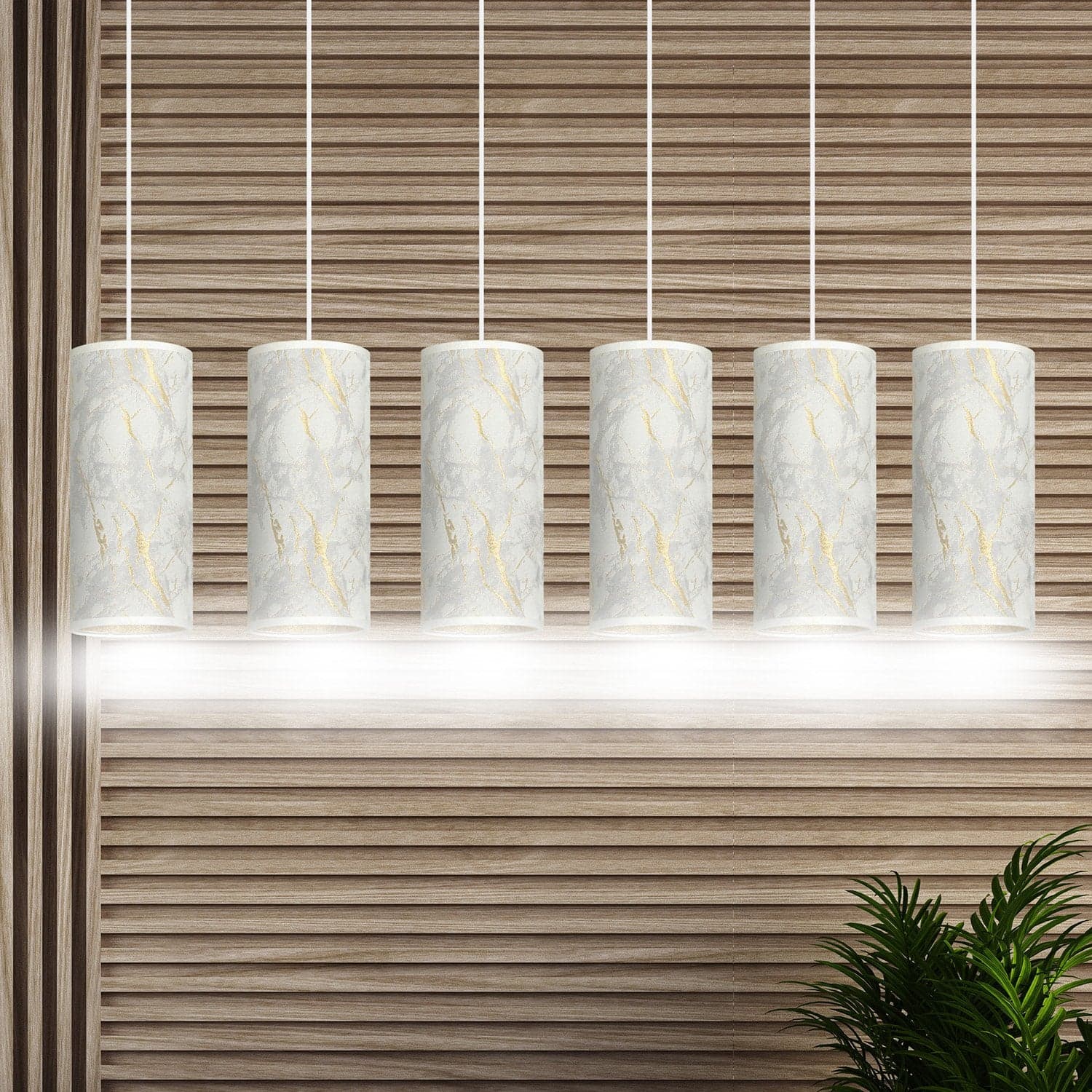 Sospensione 6 Luci Karli In Acciaio Bianco E Paralumi Effetto Marmo Dorato in Lampade a sospensione LuceArt - Montecorvino Pugliano, commercioVirtuoso.it