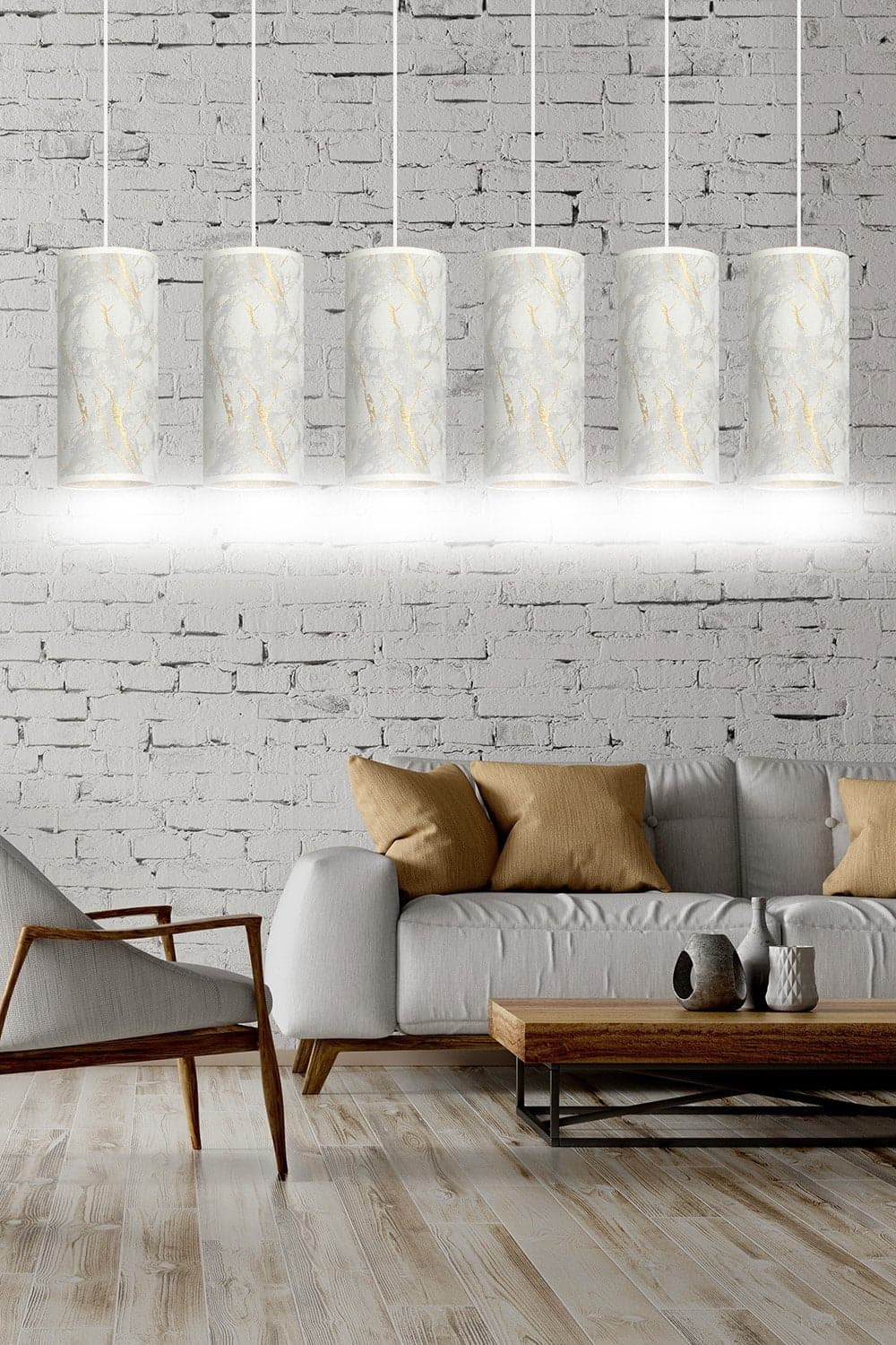 Sospensione 6 Luci Karli In Acciaio Bianco E Paralumi Effetto Marmo Dorato in Lampade a sospensione LuceArt - Montecorvino Pugliano, commercioVirtuoso.it