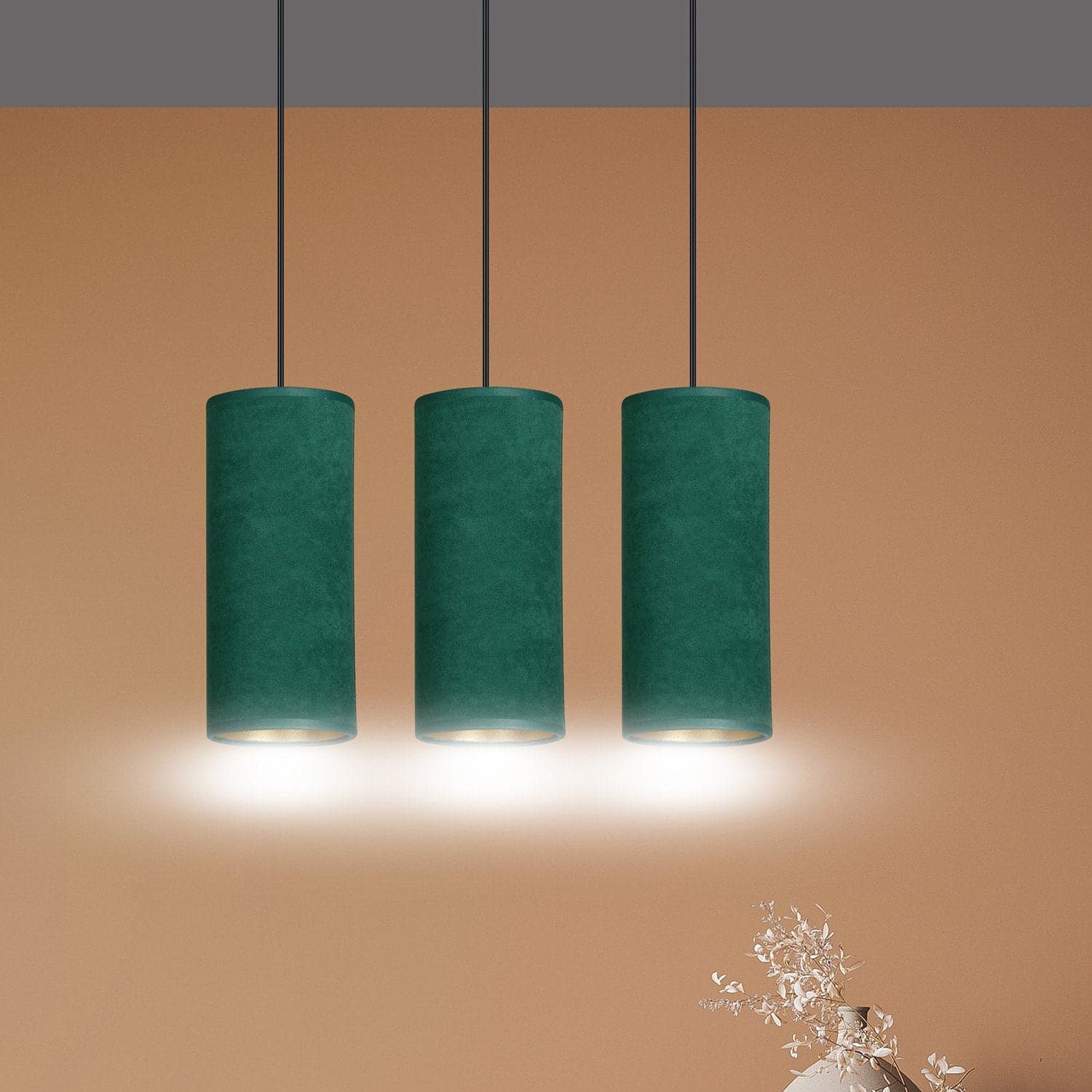 Sospensione 3 Luci Bente In Acciaio Nero E Paralumi Verde E Oro in Lampade a sospensione LuceArt - Montecorvino Pugliano, commercioVirtuoso.it