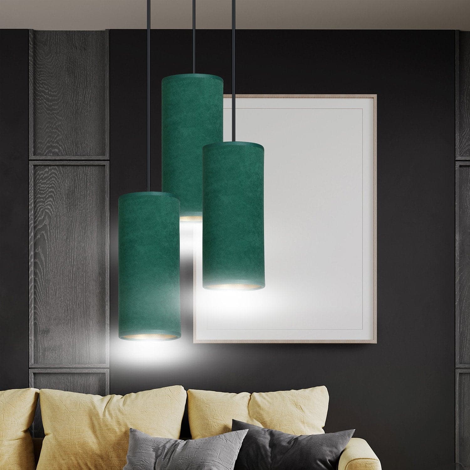 Sospensione Tonda 3 Luci Bente In Acciaio Nero E Paralumi Verde E Oro in Lampade a sospensione LuceArt - Montecorvino Pugliano, commercioVirtuoso.it