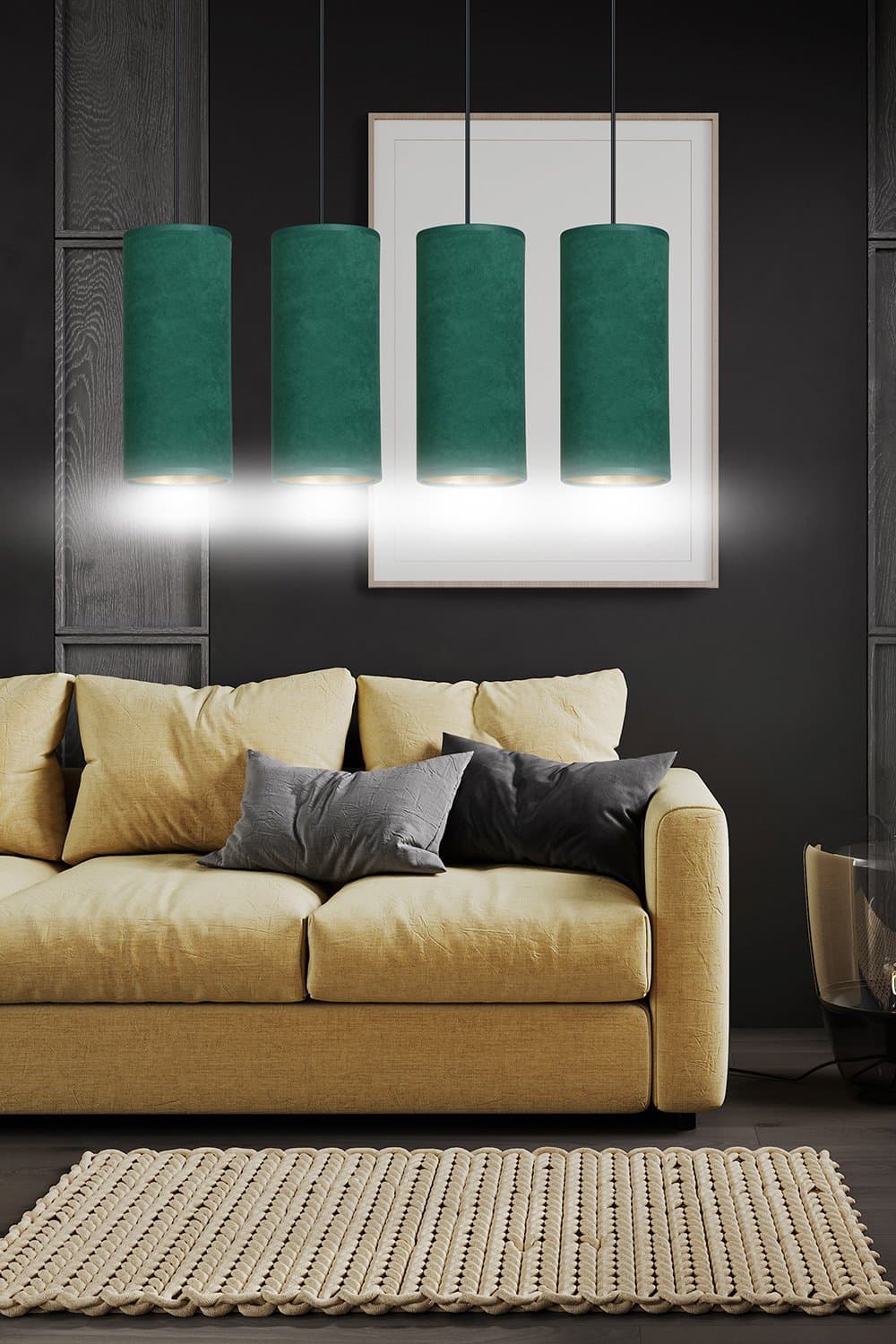 Sospensione 4 Luci Bente In Acciaio Nero E Paralumi Verde E Oro in Lampade a sospensione LuceArt - Montecorvino Pugliano, commercioVirtuoso.it