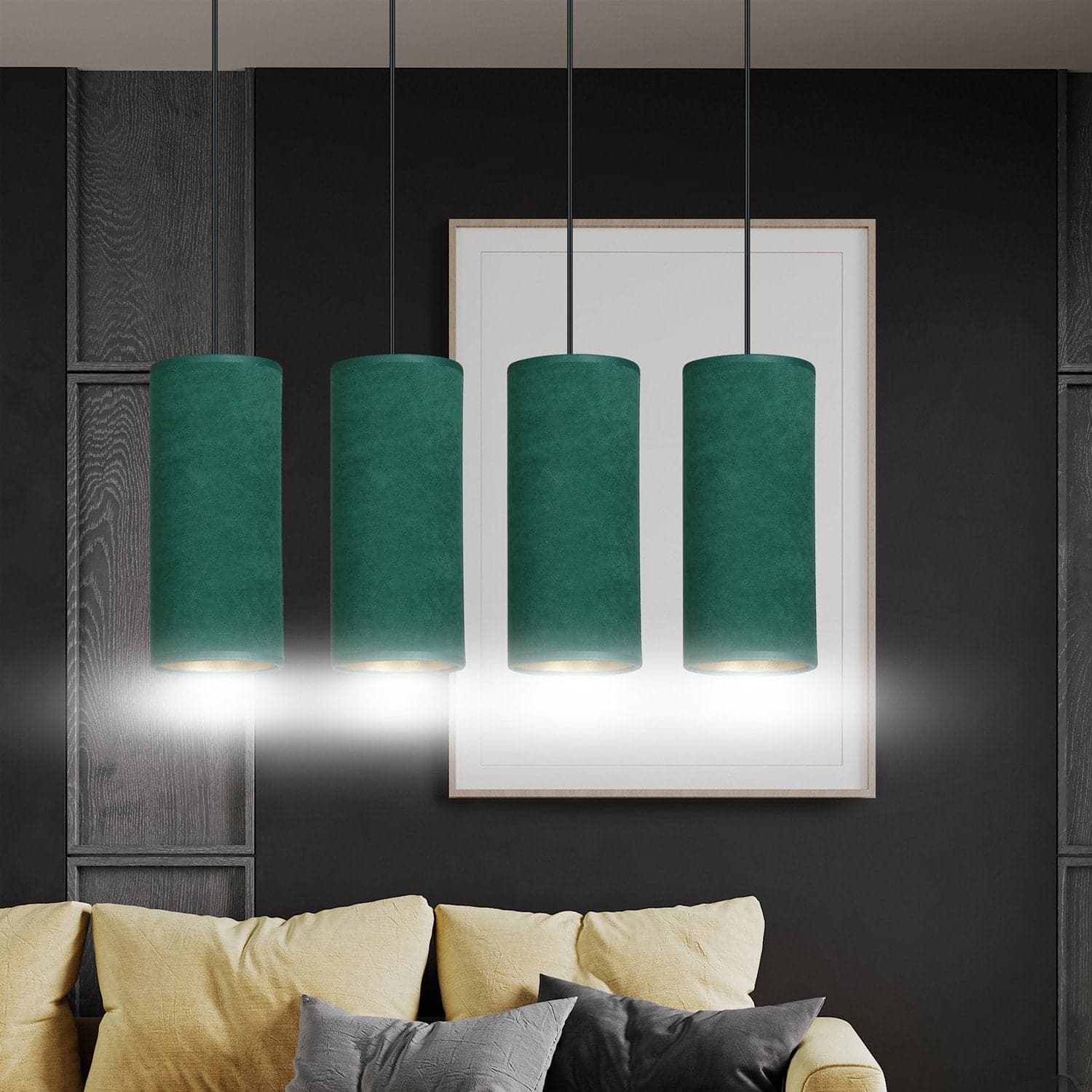 Sospensione 4 Luci Bente In Acciaio Nero E Paralumi Verde E Oro in Lampade a sospensione LuceArt - Montecorvino Pugliano, commercioVirtuoso.it
