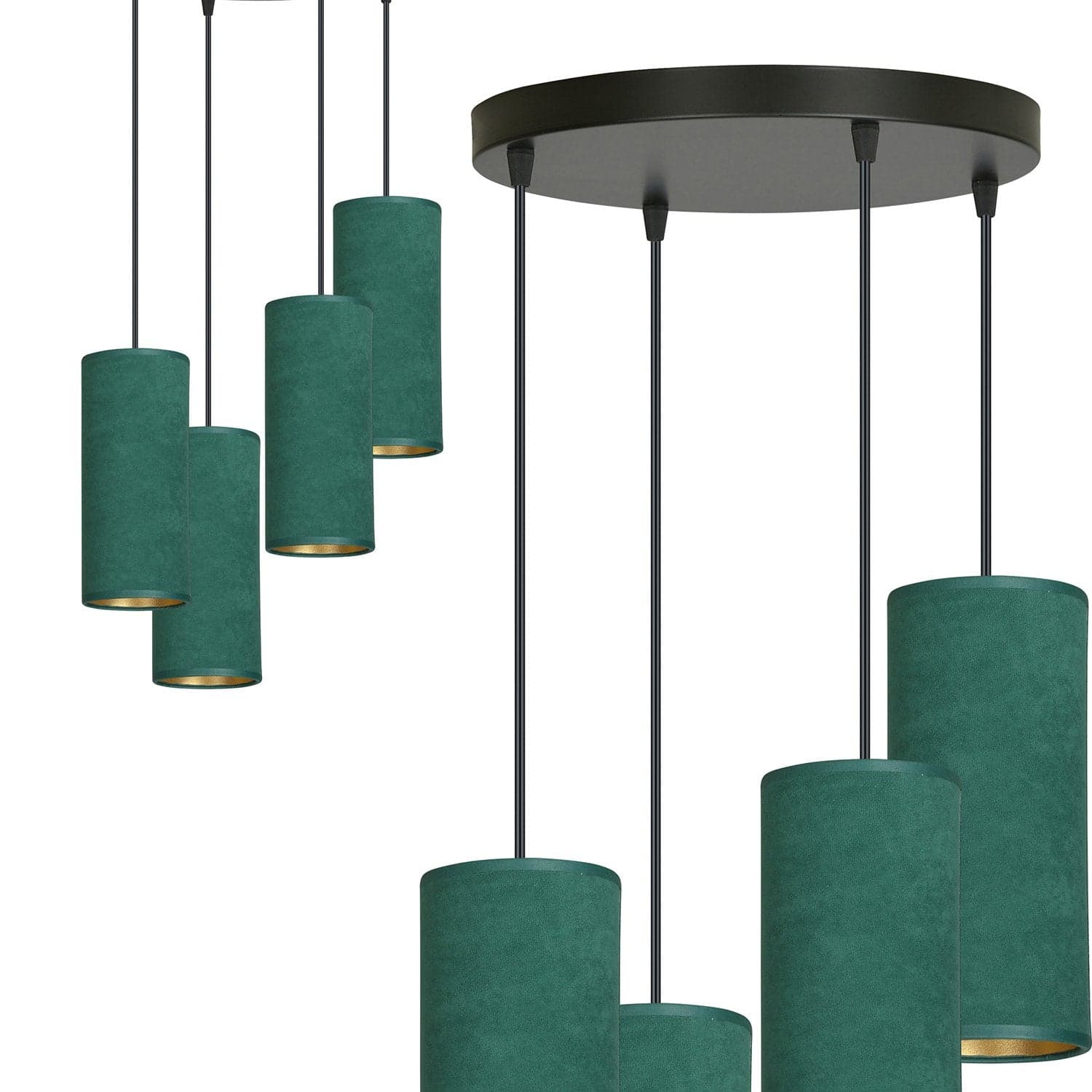 Sospensione Tonda 4 Luci Bente In Acciaio Nero E Paralumi Verde E Oro in Lampade a sospensione LuceArt - Montecorvino Pugliano, commercioVirtuoso.it