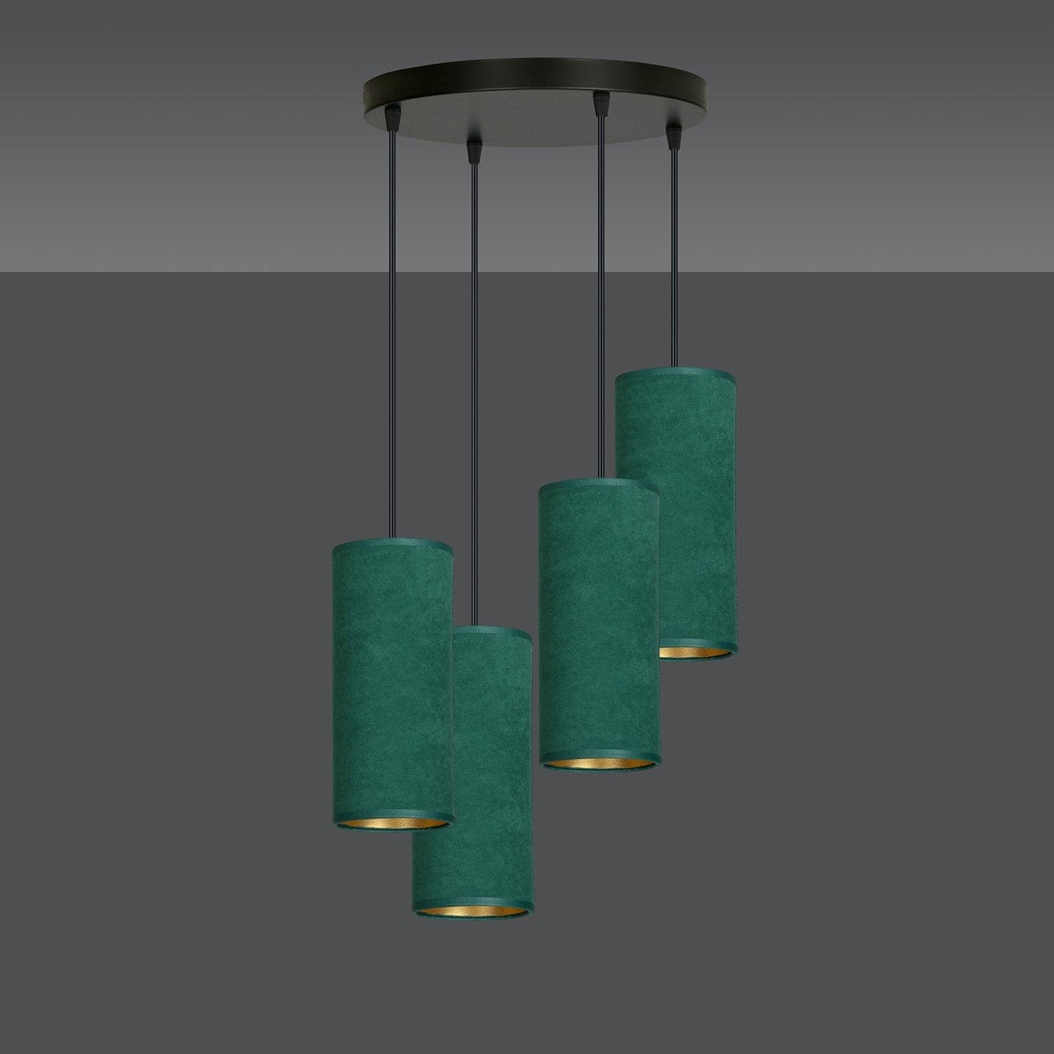 Sospensione Tonda 4 Luci Bente In Acciaio Nero E Paralumi Verde E Oro in Lampade a sospensione LuceArt - Montecorvino Pugliano, commercioVirtuoso.it