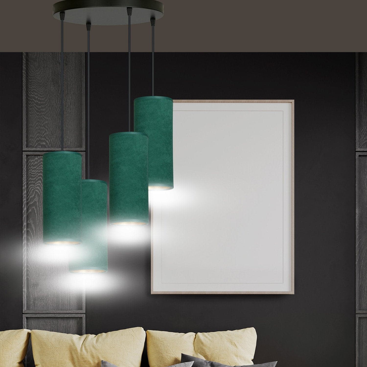 Sospensione Tonda 4 Luci Bente In Acciaio Nero E Paralumi Verde E Oro in Lampade a sospensione LuceArt - Montecorvino Pugliano, commercioVirtuoso.it