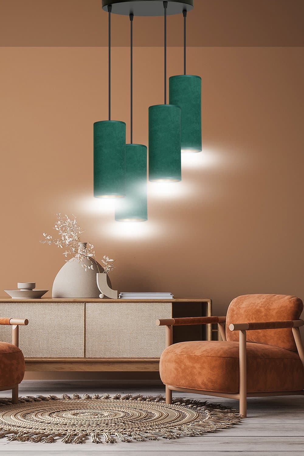 Sospensione Tonda 4 Luci Bente In Acciaio Nero E Paralumi Verde E Oro in Lampade a sospensione LuceArt - Montecorvino Pugliano, commercioVirtuoso.it