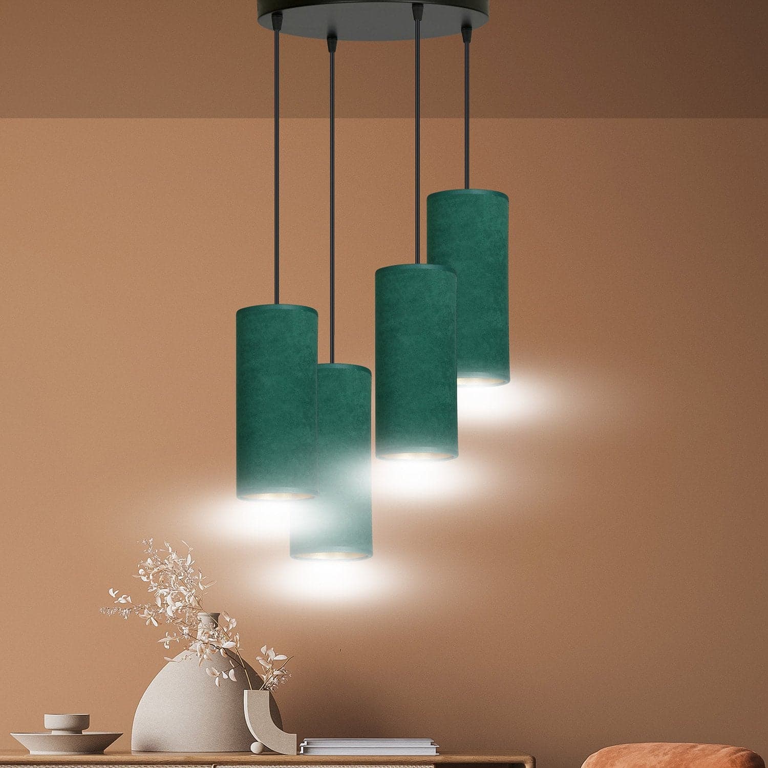 Sospensione Tonda 4 Luci Bente In Acciaio Nero E Paralumi Verde E Oro in Lampade a sospensione LuceArt - Montecorvino Pugliano, commercioVirtuoso.it