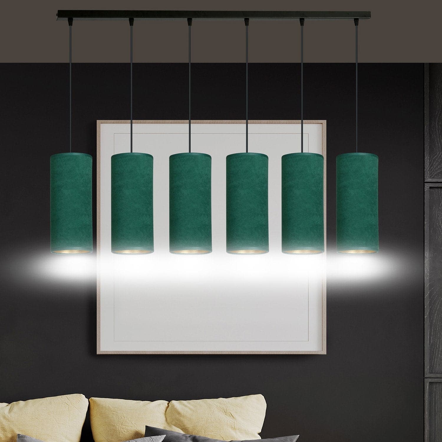 Sospensione 6 Luci Bente In Acciaio Nero E Paralumi Verde E Oro in Lampade a sospensione LuceArt - Montecorvino Pugliano, commercioVirtuoso.it