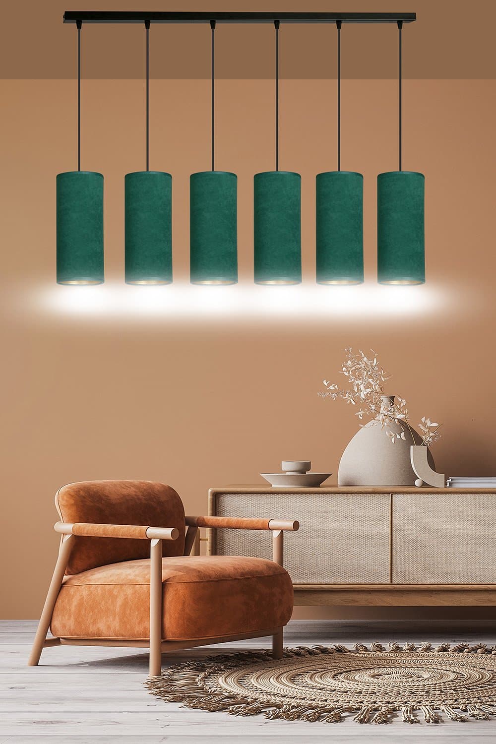 Sospensione 6 Luci Bente In Acciaio Nero E Paralumi Verde E Oro in Lampade a sospensione LuceArt - Montecorvino Pugliano, commercioVirtuoso.it