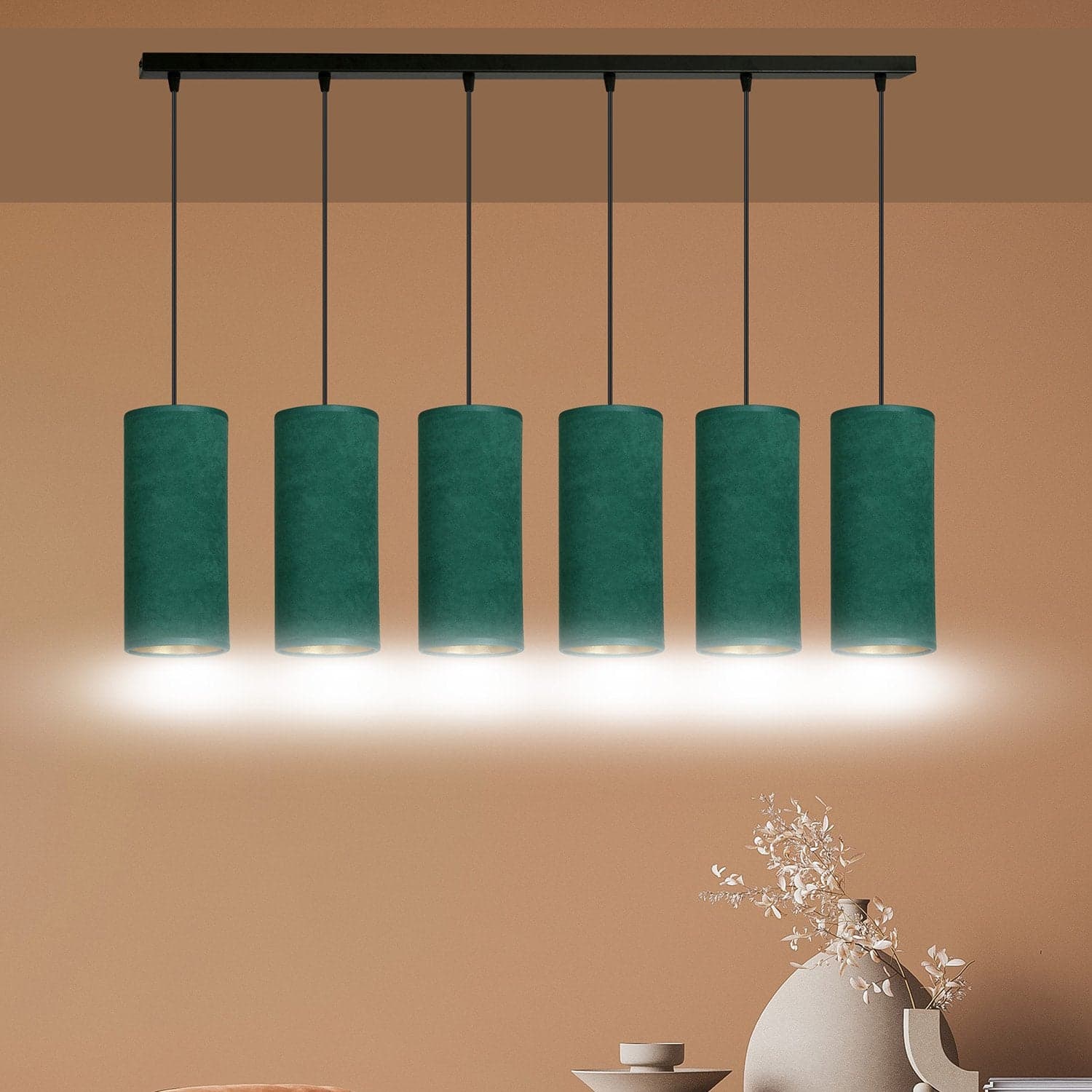Sospensione 6 Luci Bente In Acciaio Nero E Paralumi Verde E Oro in Lampade a sospensione LuceArt - Montecorvino Pugliano, commercioVirtuoso.it