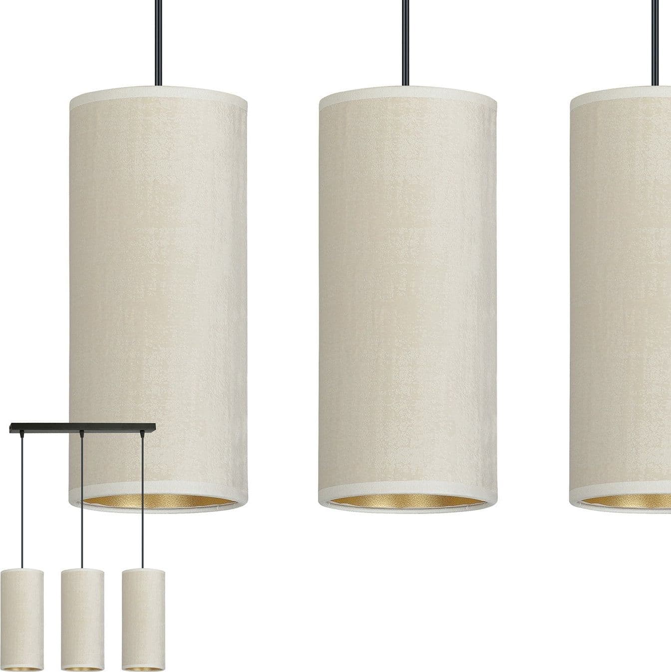 Sospensione 3 Luci Bente In Acciaio Nero E Paralumi Bianco E Oro in Lampade a sospensione LuceArt - Montecorvino Pugliano, commercioVirtuoso.it