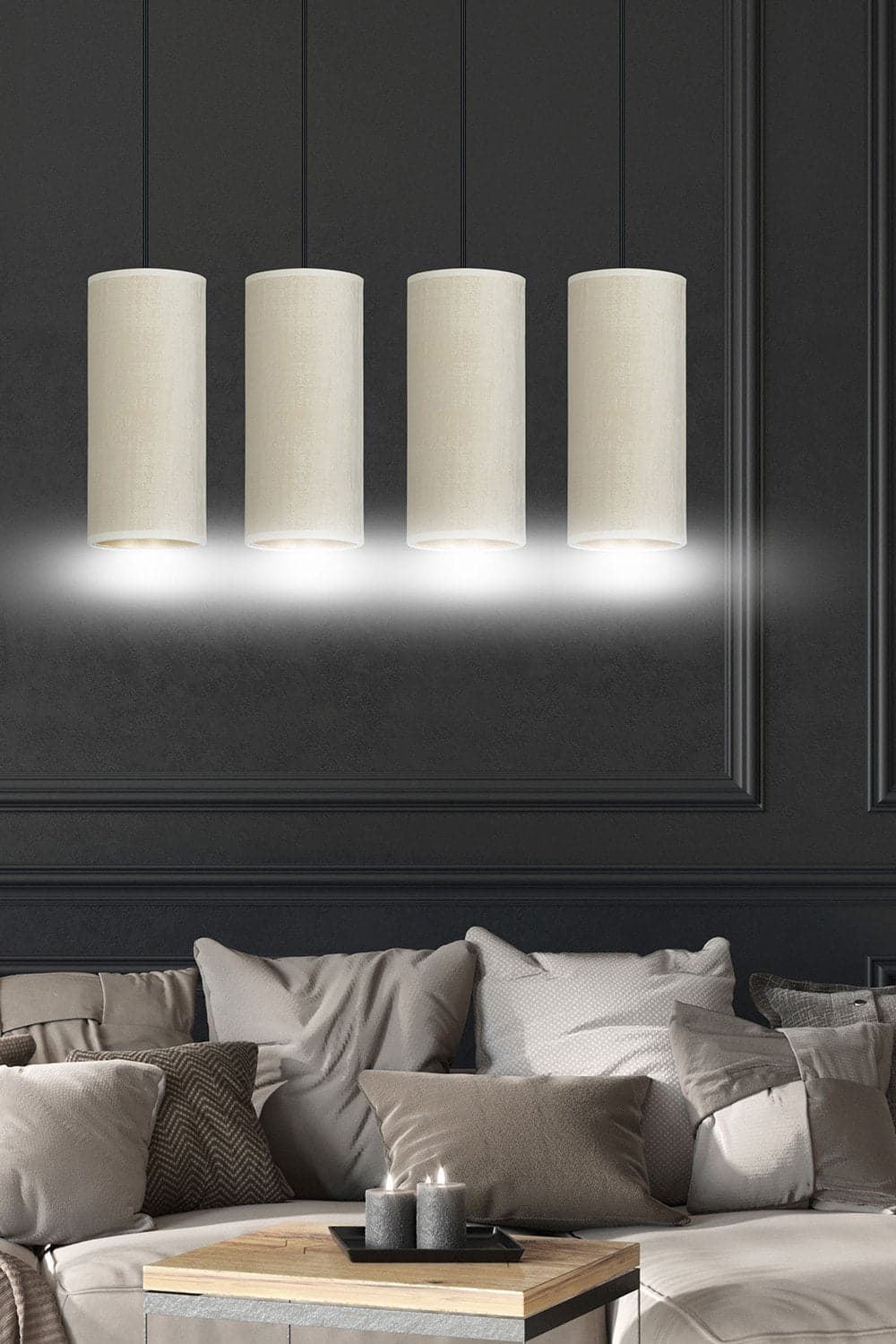 Sospensione 4 Luci Bente In Acciaio Nero E Paralumi Bianco E Oro in Lampade a sospensione LuceArt - Montecorvino Pugliano, commercioVirtuoso.it