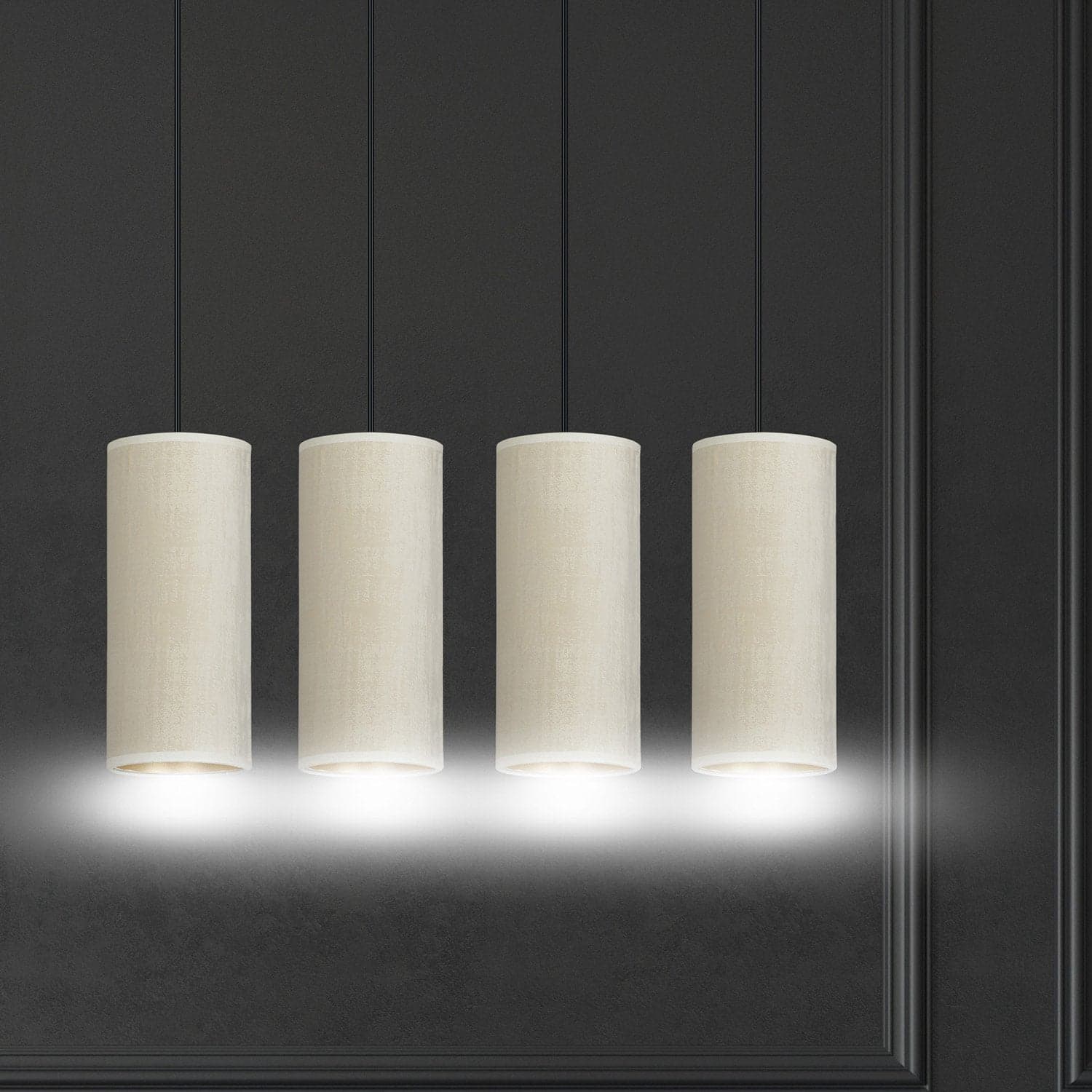 Sospensione 4 Luci Bente In Acciaio Nero E Paralumi Bianco E Oro in Lampade a sospensione LuceArt - Montecorvino Pugliano, commercioVirtuoso.it