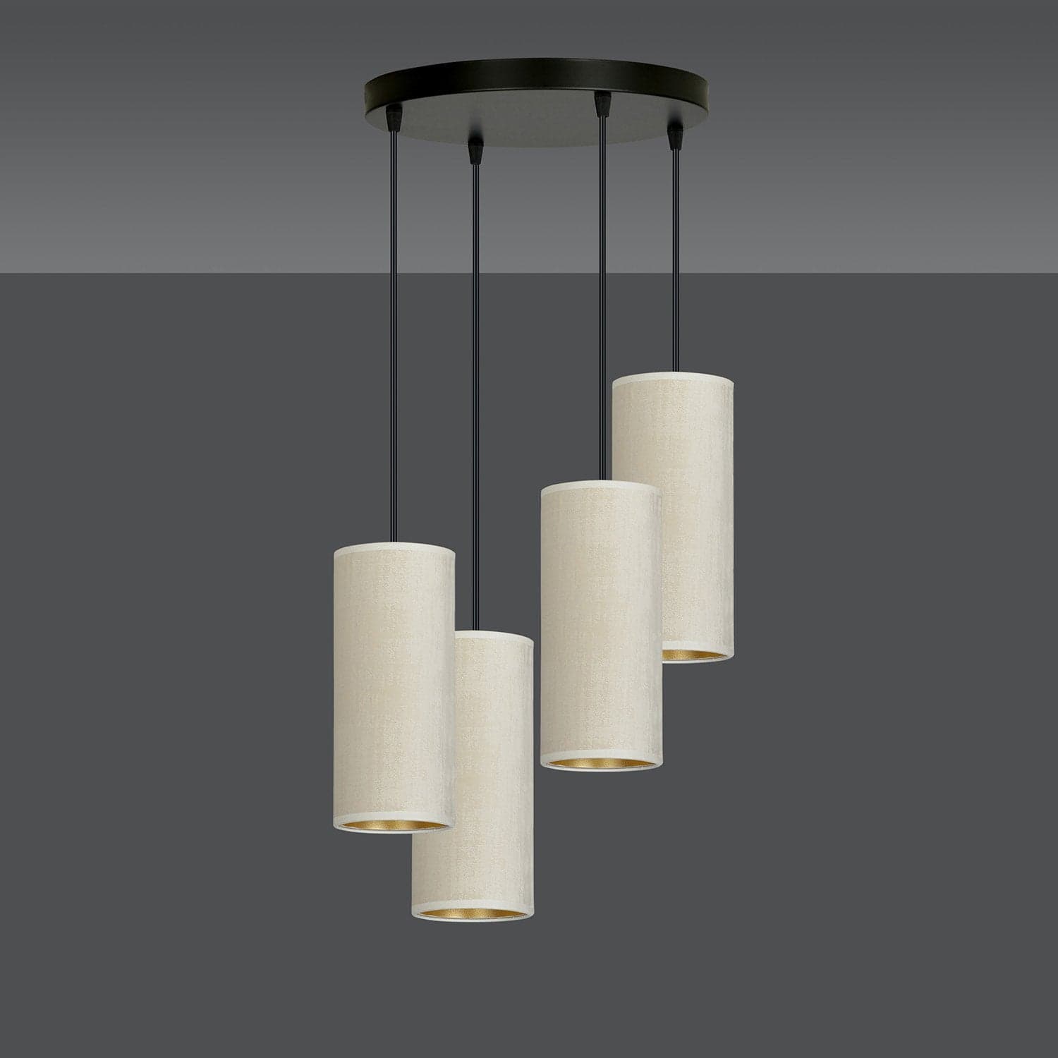 Sospensione Tonda 4 Luci Bente In Acciaio Nero E Paralumi Bianco E Oro in Lampade a sospensione LuceArt - Montecorvino Pugliano, commercioVirtuoso.it