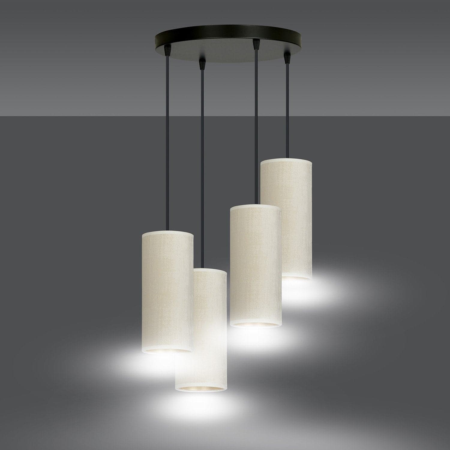 Sospensione Tonda 4 Luci Bente In Acciaio Nero E Paralumi Bianco E Oro in Lampade a sospensione LuceArt - Montecorvino Pugliano, commercioVirtuoso.it