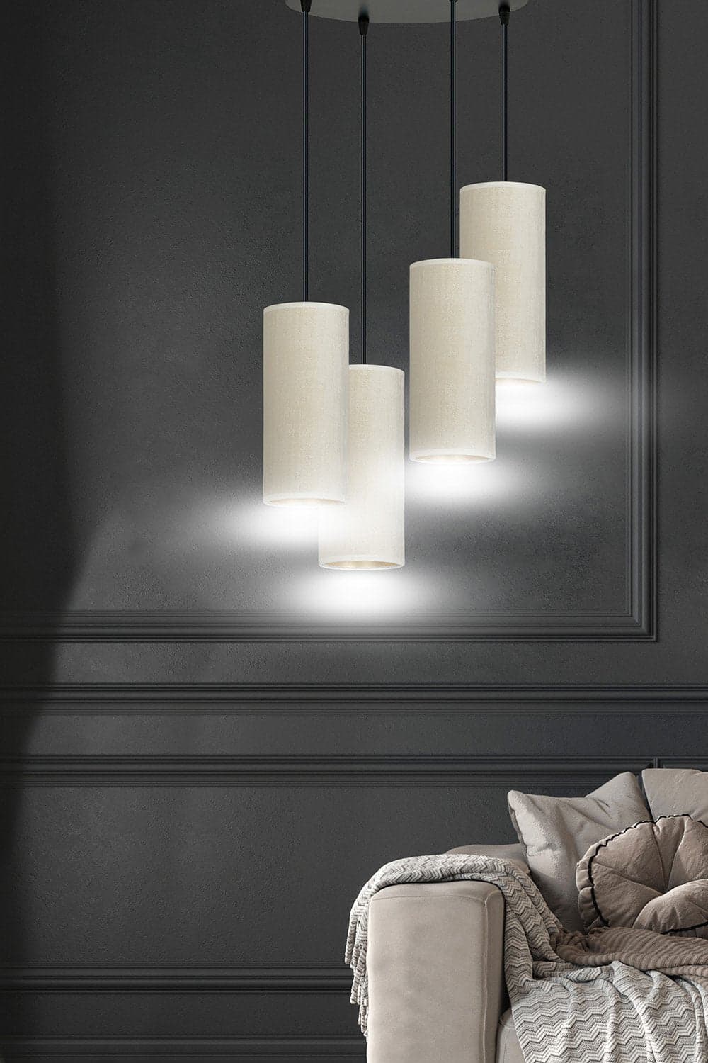 Sospensione Tonda 4 Luci Bente In Acciaio Nero E Paralumi Bianco E Oro in Lampade a sospensione LuceArt - Montecorvino Pugliano, commercioVirtuoso.it