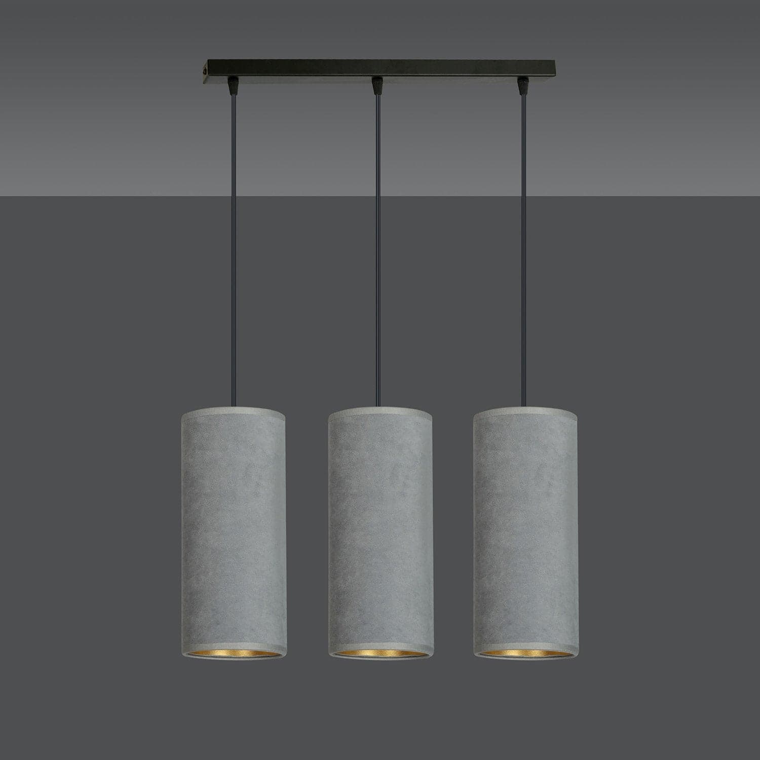 Sospensione 3 Luci Bente In Acciaio Nero E Paralumi Grigio E Oro in Lampade a sospensione LuceArt - Montecorvino Pugliano, commercioVirtuoso.it