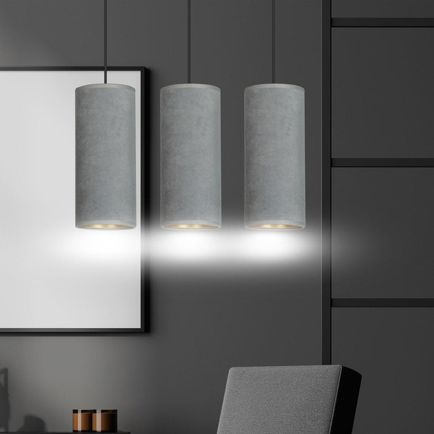 Sospensione 3 Luci Bente In Acciaio Nero E Paralumi Grigio E Oro in Lampade a sospensione LuceArt - Montecorvino Pugliano, commercioVirtuoso.it