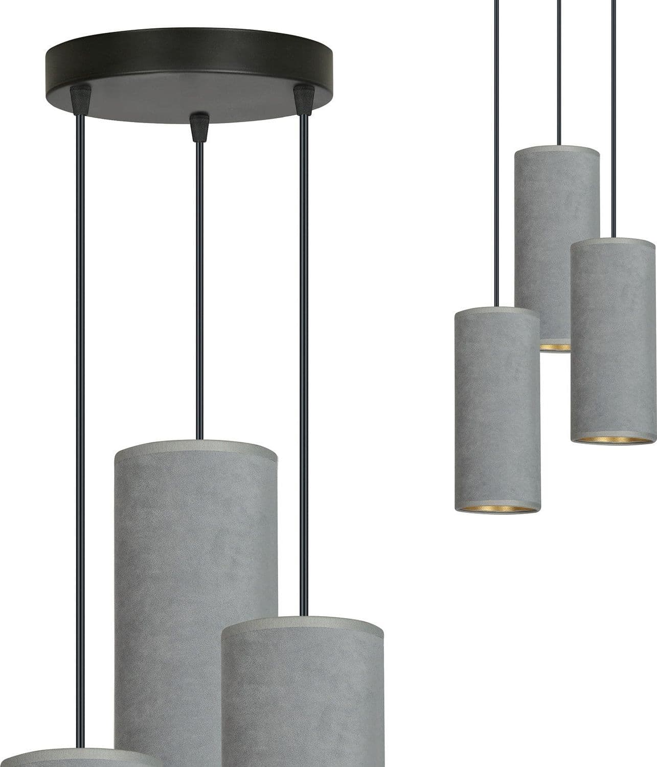 Sospensione Tonda 3 Luci Bente In Acciaio Nero E Paralumi Grigio E Oro in Lampade a sospensione LuceArt - Montecorvino Pugliano, commercioVirtuoso.it