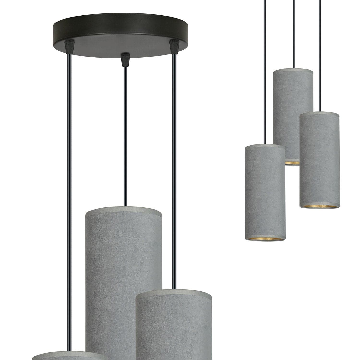 Sospensione Tonda 3 Luci Bente In Acciaio Nero E Paralumi Grigio E Oro in Lampade a sospensione LuceArt - Montecorvino Pugliano, commercioVirtuoso.it