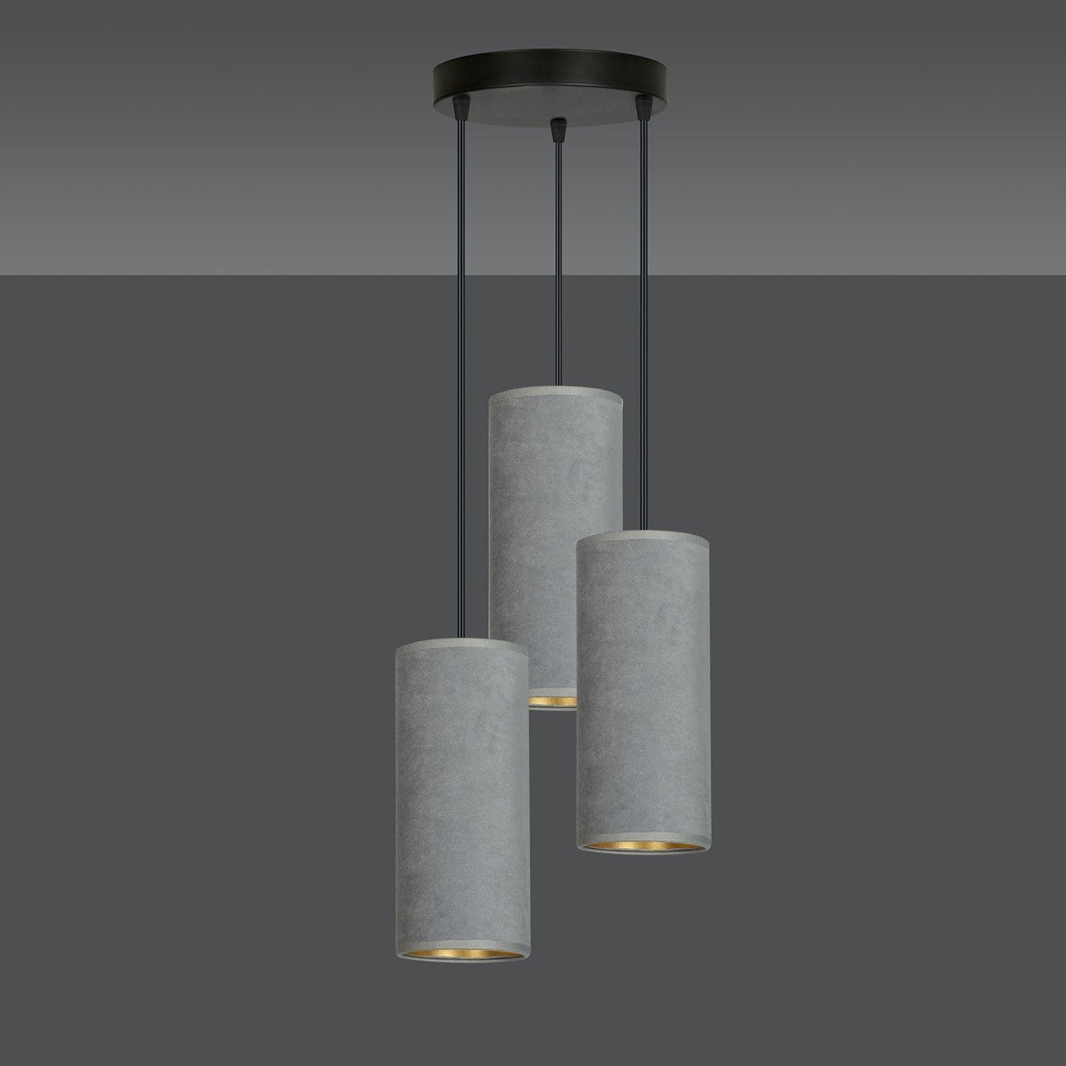 Sospensione Tonda 3 Luci Bente In Acciaio Nero E Paralumi Grigio E Oro in Lampade a sospensione LuceArt - Montecorvino Pugliano, commercioVirtuoso.it