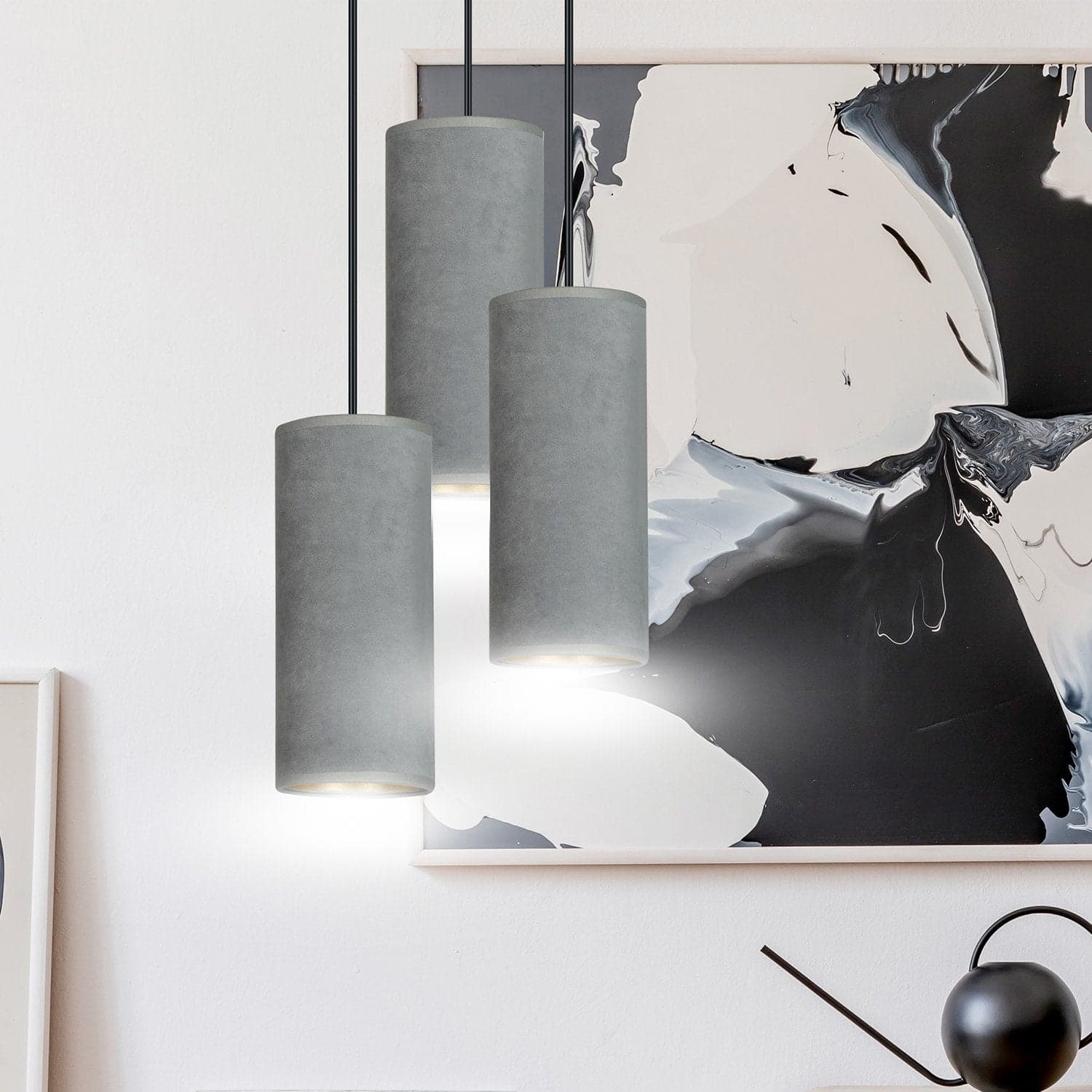 Sospensione Tonda 3 Luci Bente In Acciaio Nero E Paralumi Grigio E Oro in Lampade a sospensione LuceArt - Montecorvino Pugliano, commercioVirtuoso.it