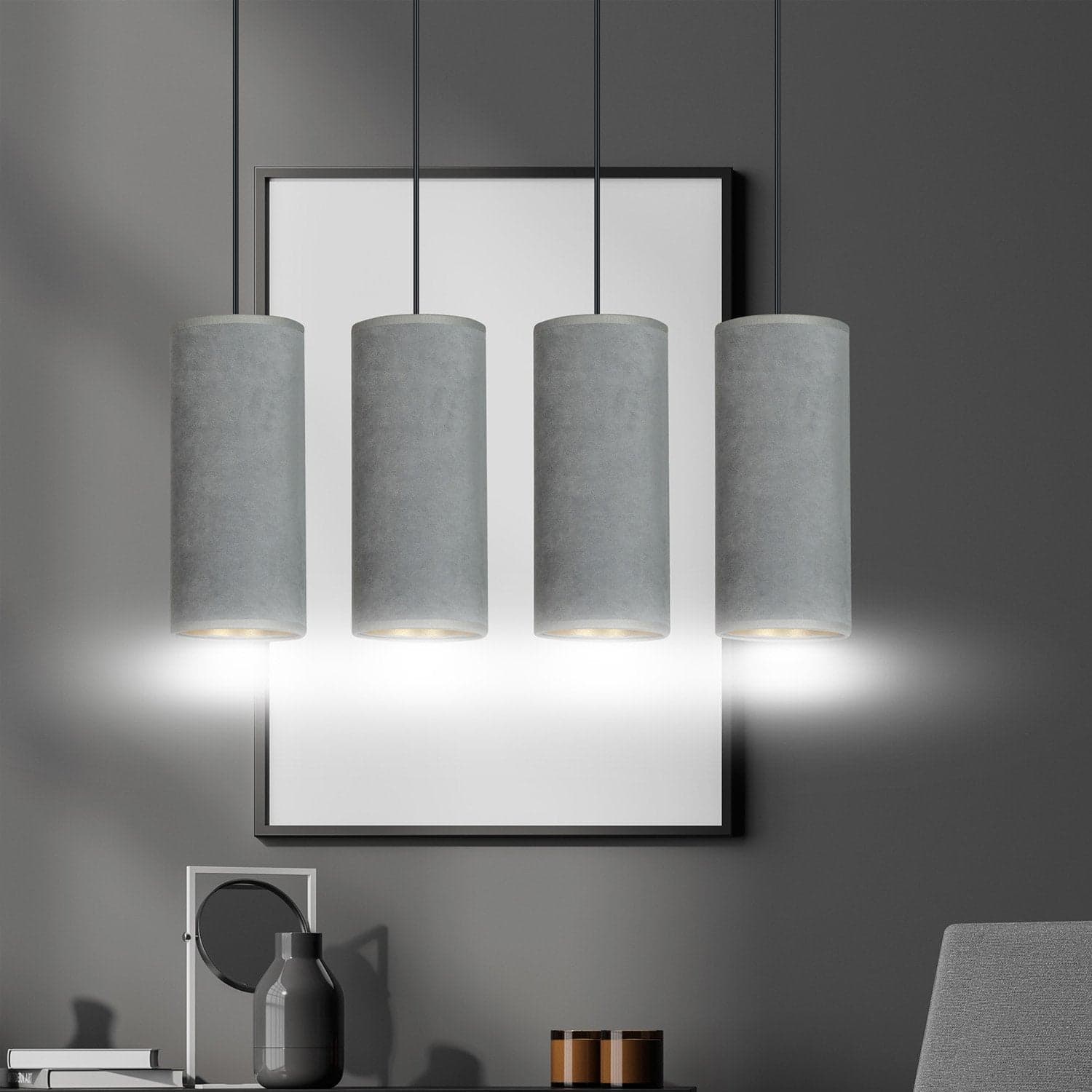 Sospensione 4 Luci Bente In Acciaio Nero E Paralumi Grigio E Oro in Lampade a sospensione LuceArt - Montecorvino Pugliano, commercioVirtuoso.it