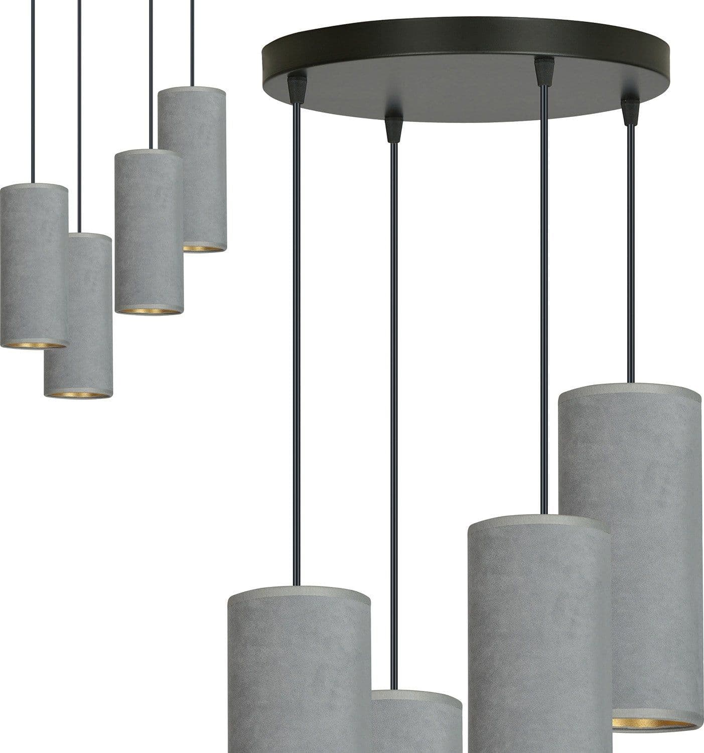 Sospensione Tonda 4 Luci Bente In Acciaio Nero E Paralumi Grigio E Oro in Lampade a sospensione LuceArt - Montecorvino Pugliano, commercioVirtuoso.it