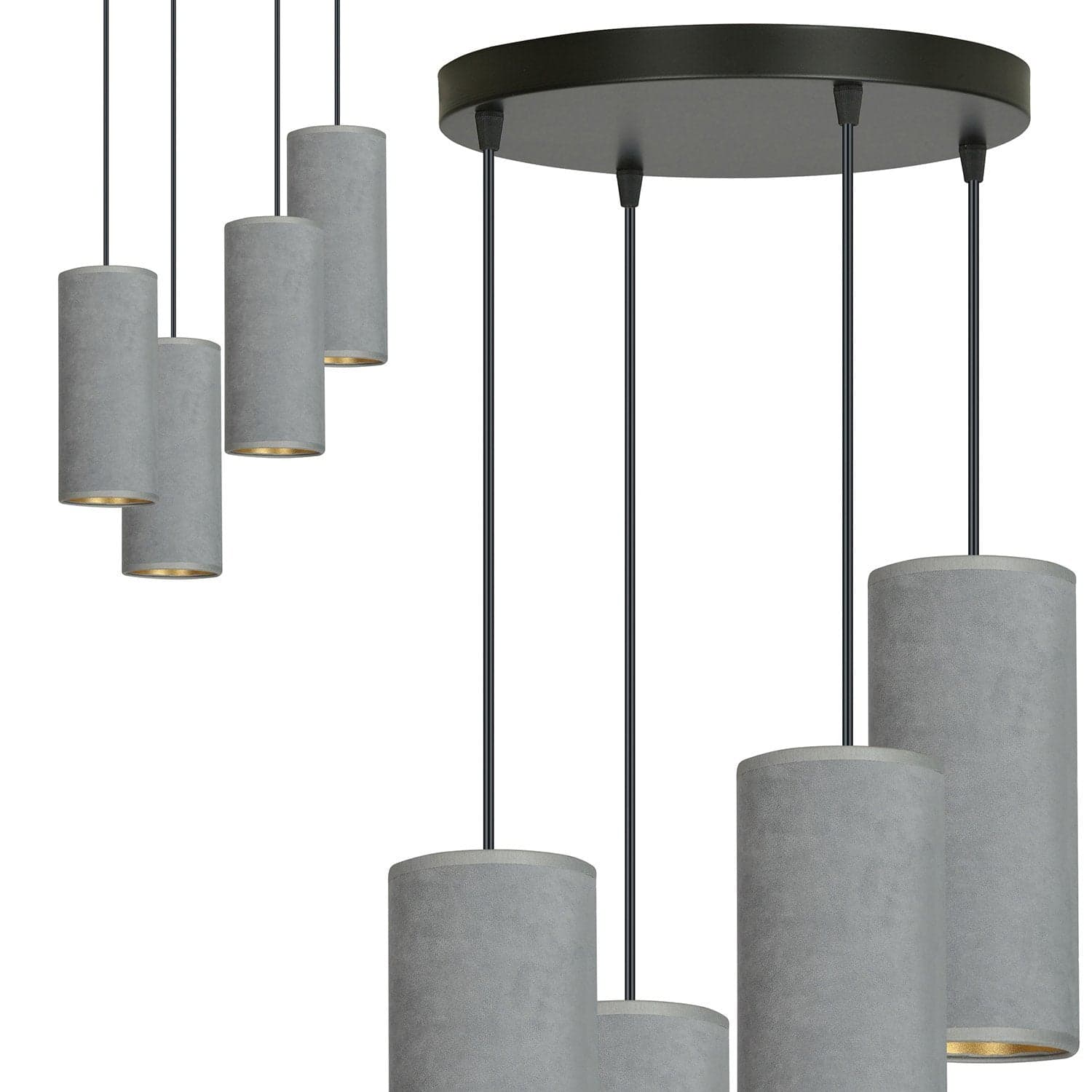Sospensione Tonda 4 Luci Bente In Acciaio Nero E Paralumi Grigio E Oro in Lampade a sospensione LuceArt - Montecorvino Pugliano, commercioVirtuoso.it