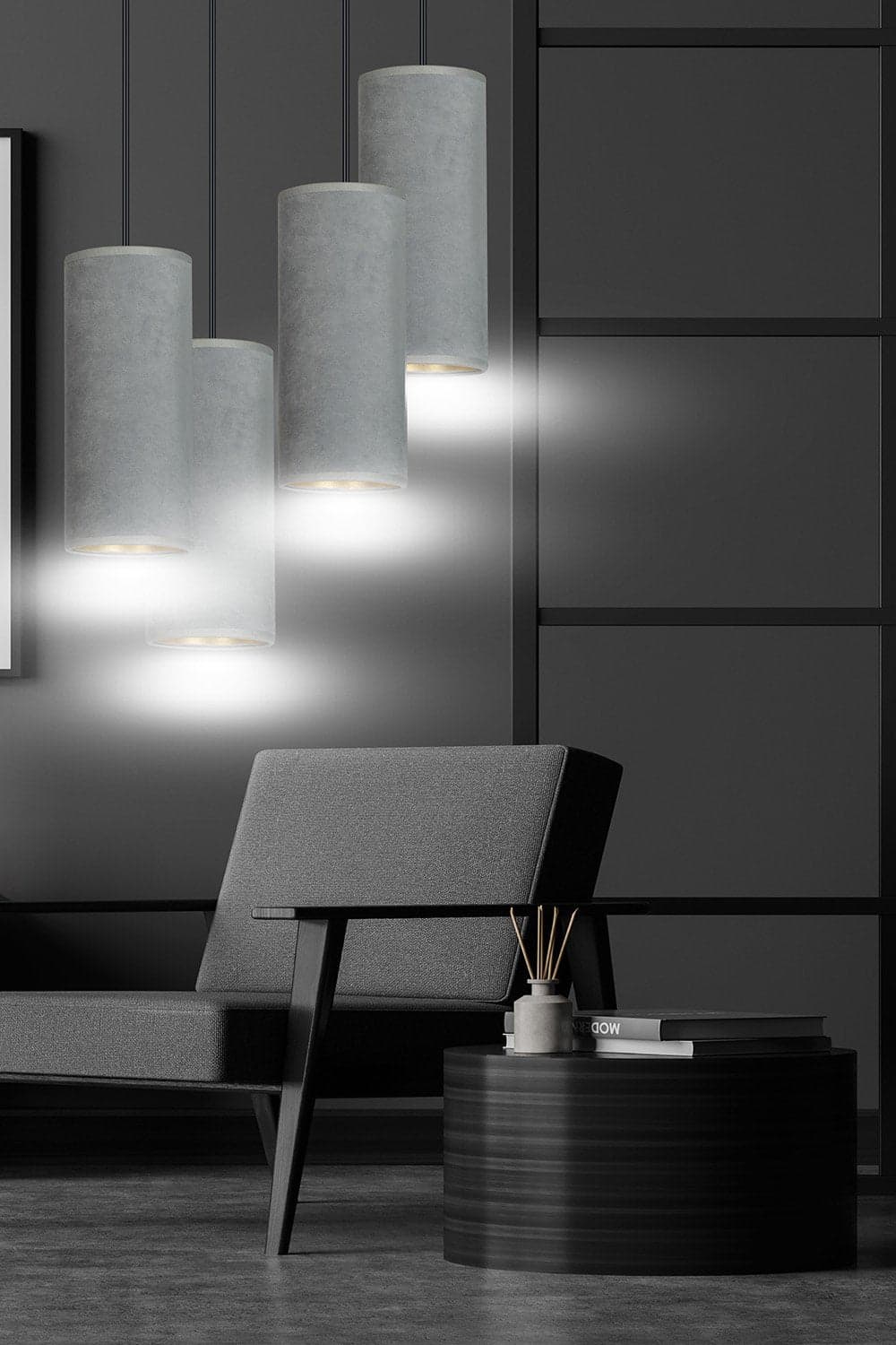 Sospensione Tonda 4 Luci Bente In Acciaio Nero E Paralumi Grigio E Oro in Lampade a sospensione LuceArt - Montecorvino Pugliano, commercioVirtuoso.it