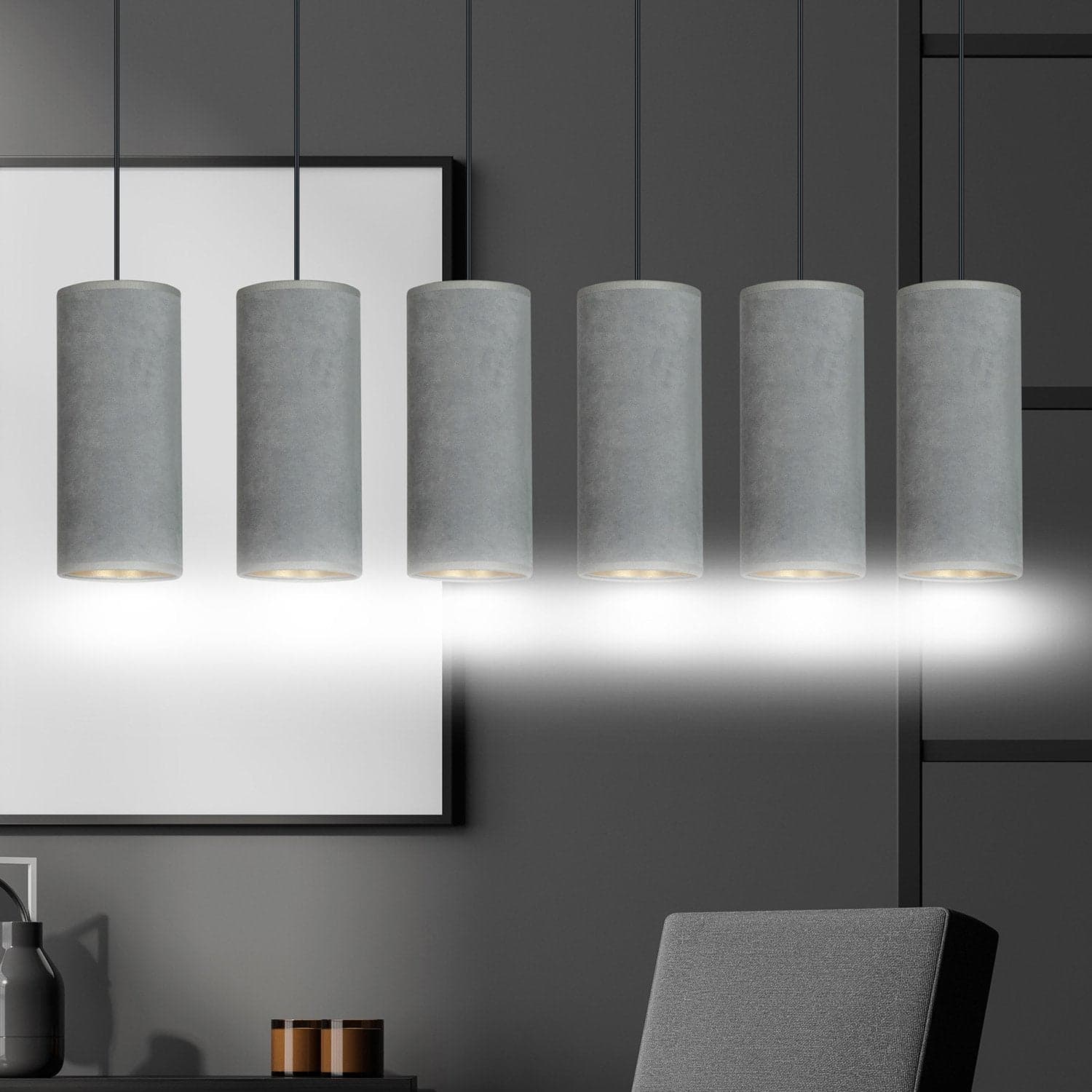 Sospensione 6 Luci Bente In Acciaio Nero E Paralumi Grigio E Oro in Lampade a sospensione LuceArt - Montecorvino Pugliano, commercioVirtuoso.it