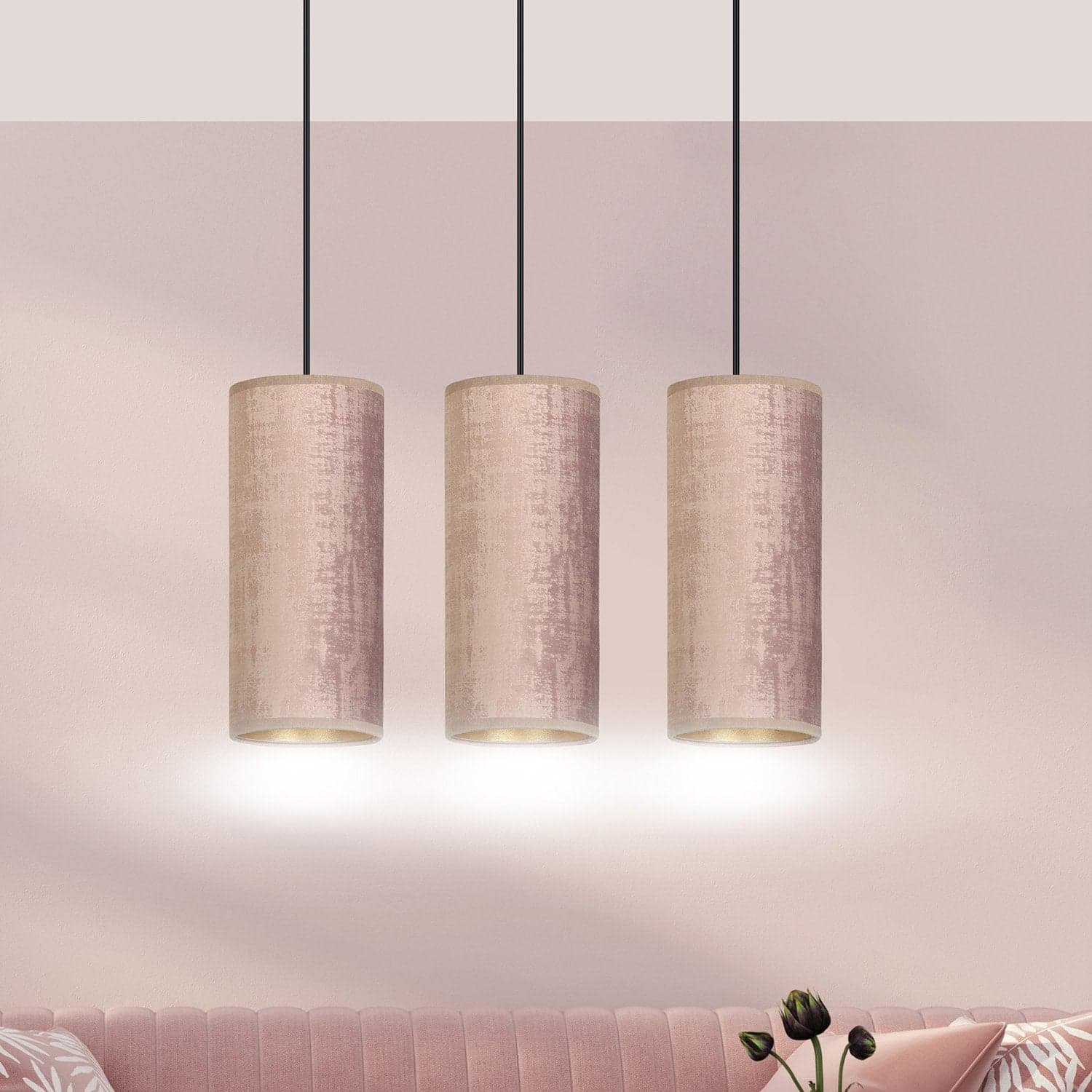 Sospensione 3 Luci Bente In Acciaio Nero E Paralumi Rosa E Oro in Lampade a sospensione LuceArt - Montecorvino Pugliano, commercioVirtuoso.it
