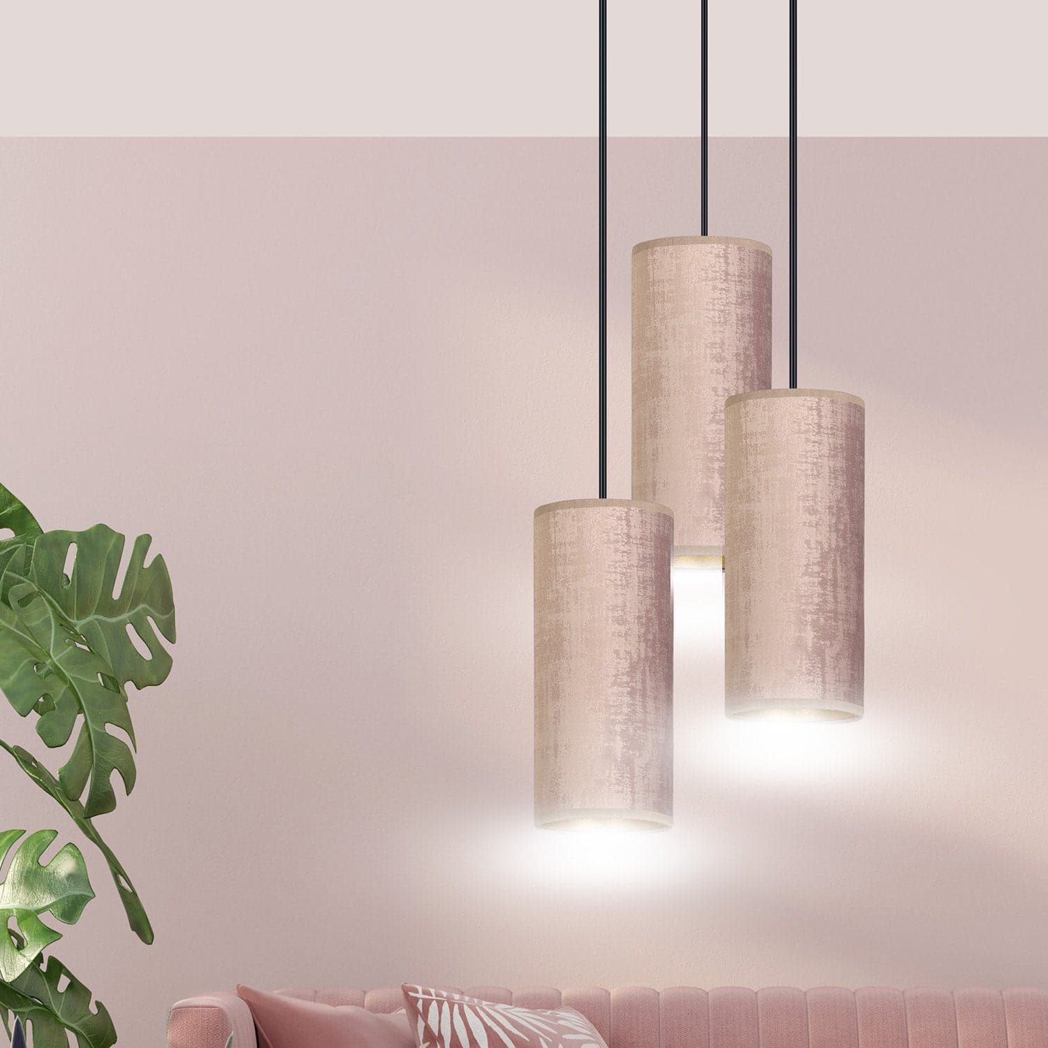 Sospensione Tonda 3 Luci Bente In Acciaio Nero E Paralumi Rosa E Oro in Lampade a sospensione LuceArt - Montecorvino Pugliano, commercioVirtuoso.it