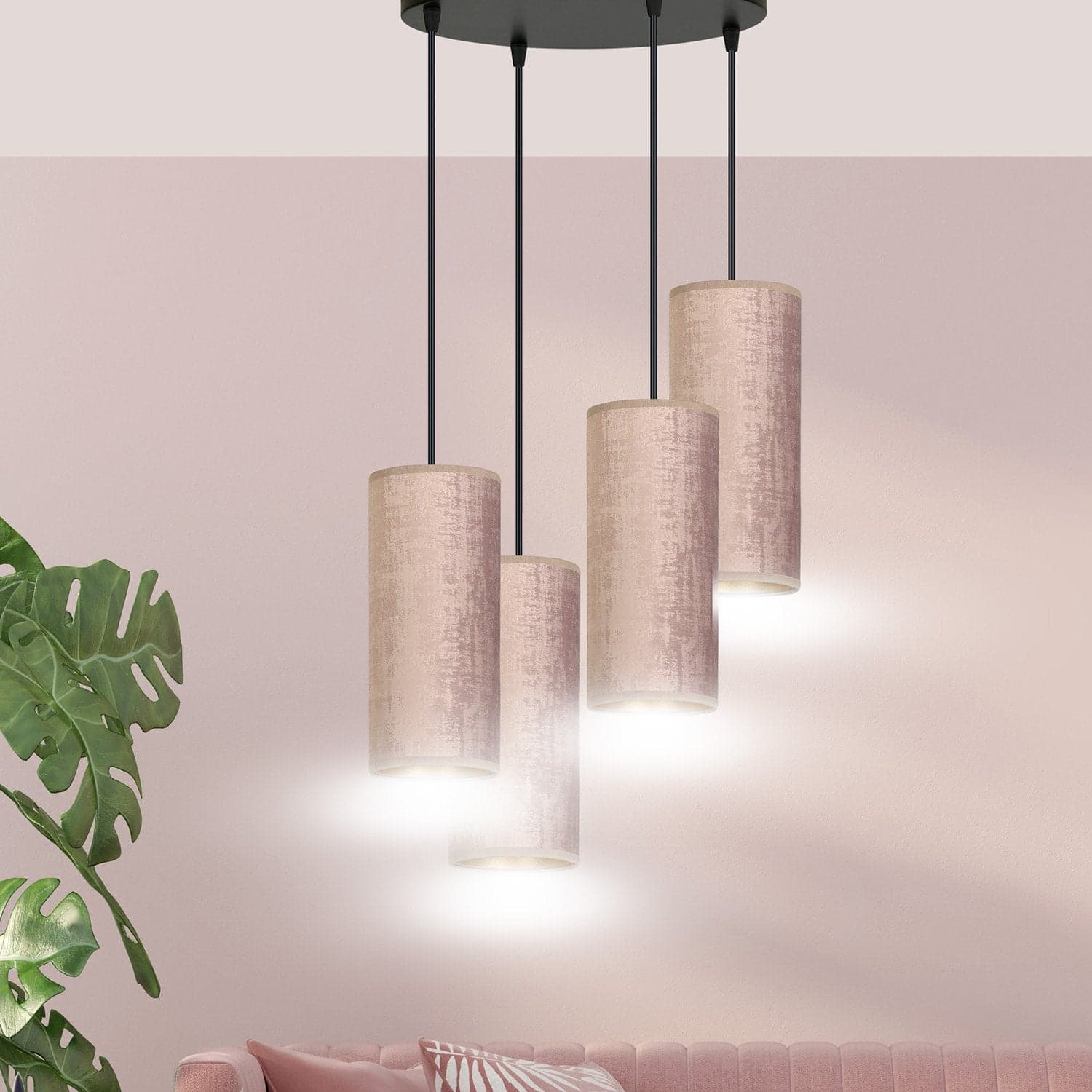 Sospensione Tonda 4 Luci Bente In Acciaio Nero E Paralumi Rosa E Oro in Lampade a sospensione LuceArt - Montecorvino Pugliano, commercioVirtuoso.it