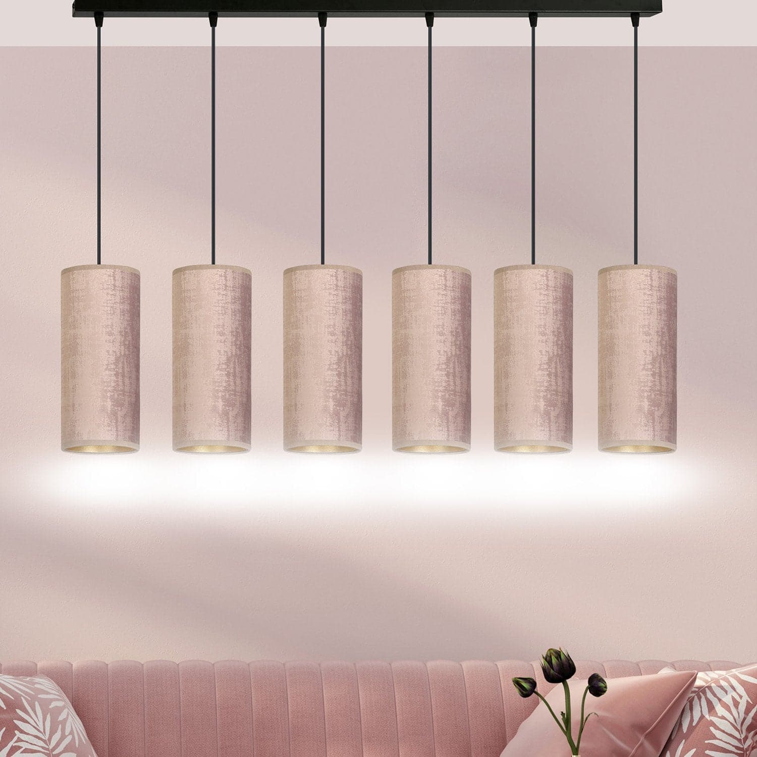 Sospensione 6 Luci Bente In Acciaio Nero E Paralumi Rosa E Oro in Lampade a sospensione LuceArt - Montecorvino Pugliano, commercioVirtuoso.it